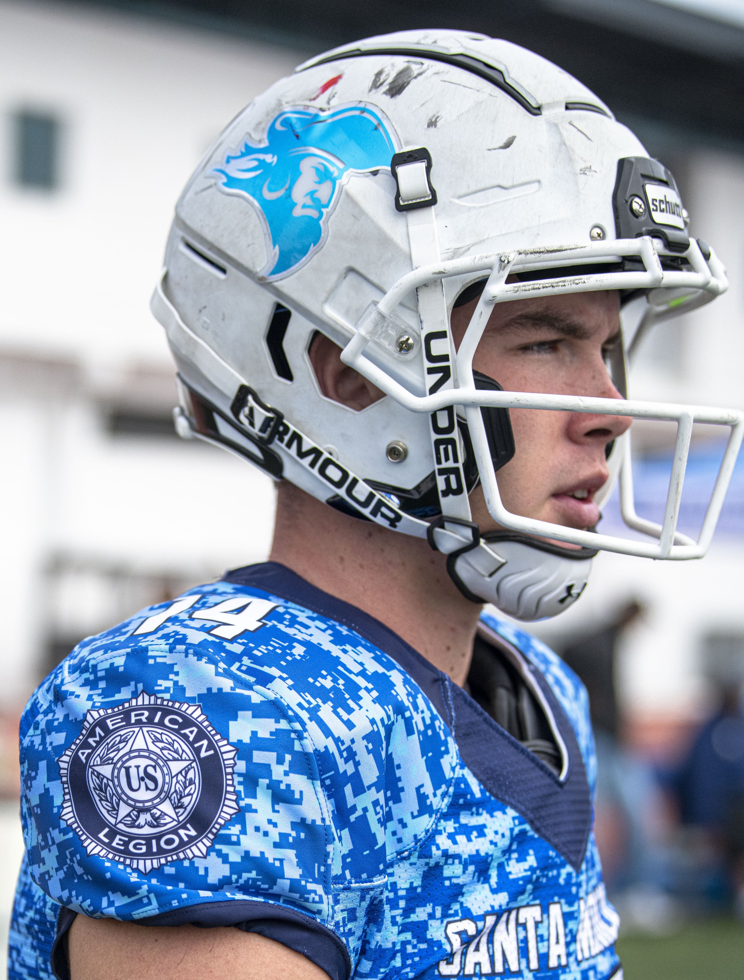  Santa Monica College Corsairs freshman QB Sam Vaulton (14) wears his American Legion Jersey with the patch Displayed on the side that were donated for Veterans Day. (Jon Putman | The Corsair) 