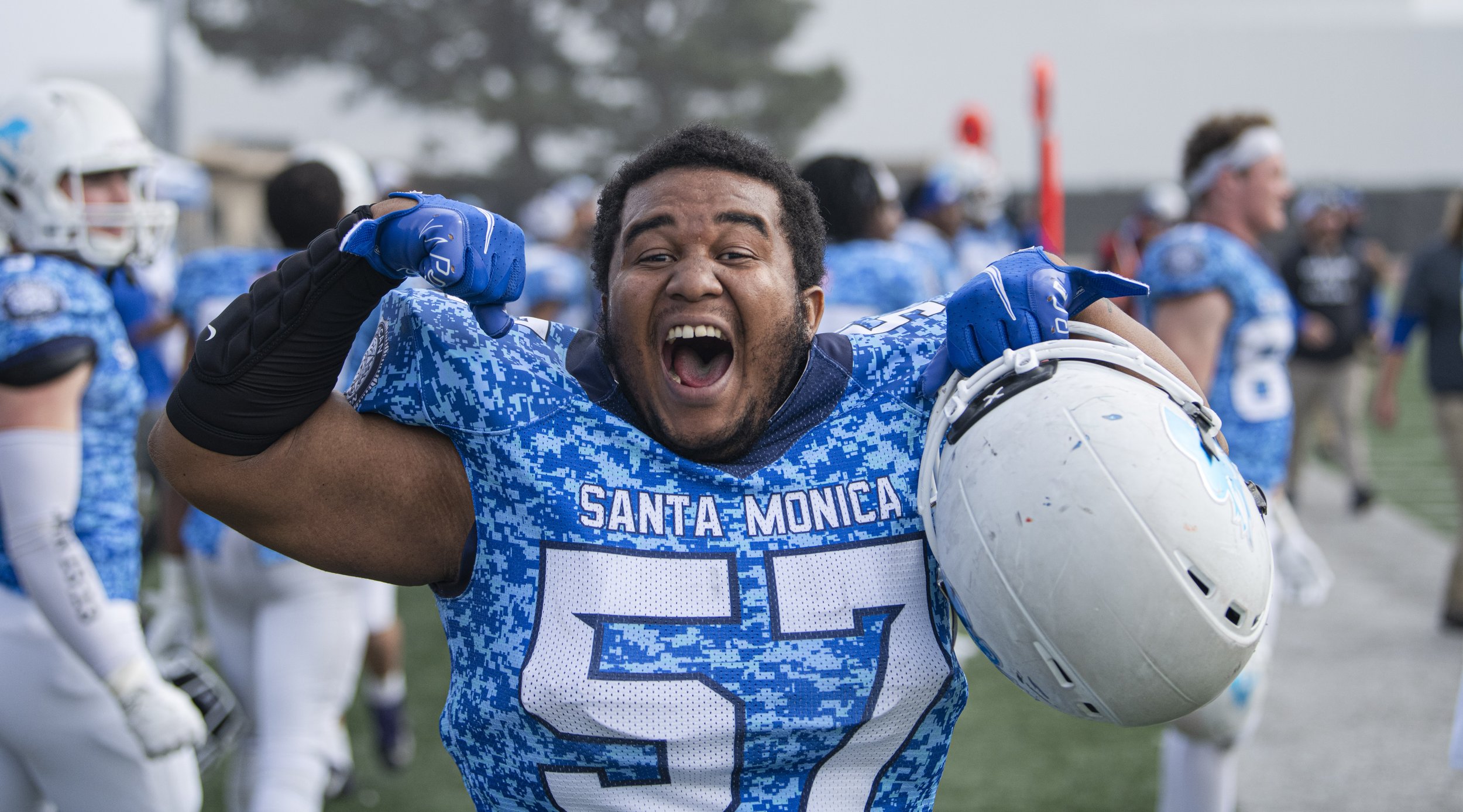  Santa Monica College Corsair player celebrates after the defense made stop against LA Valley putting the Corsairs ahead with minutes to go in the game. (Jon Putman | The Corsair) 