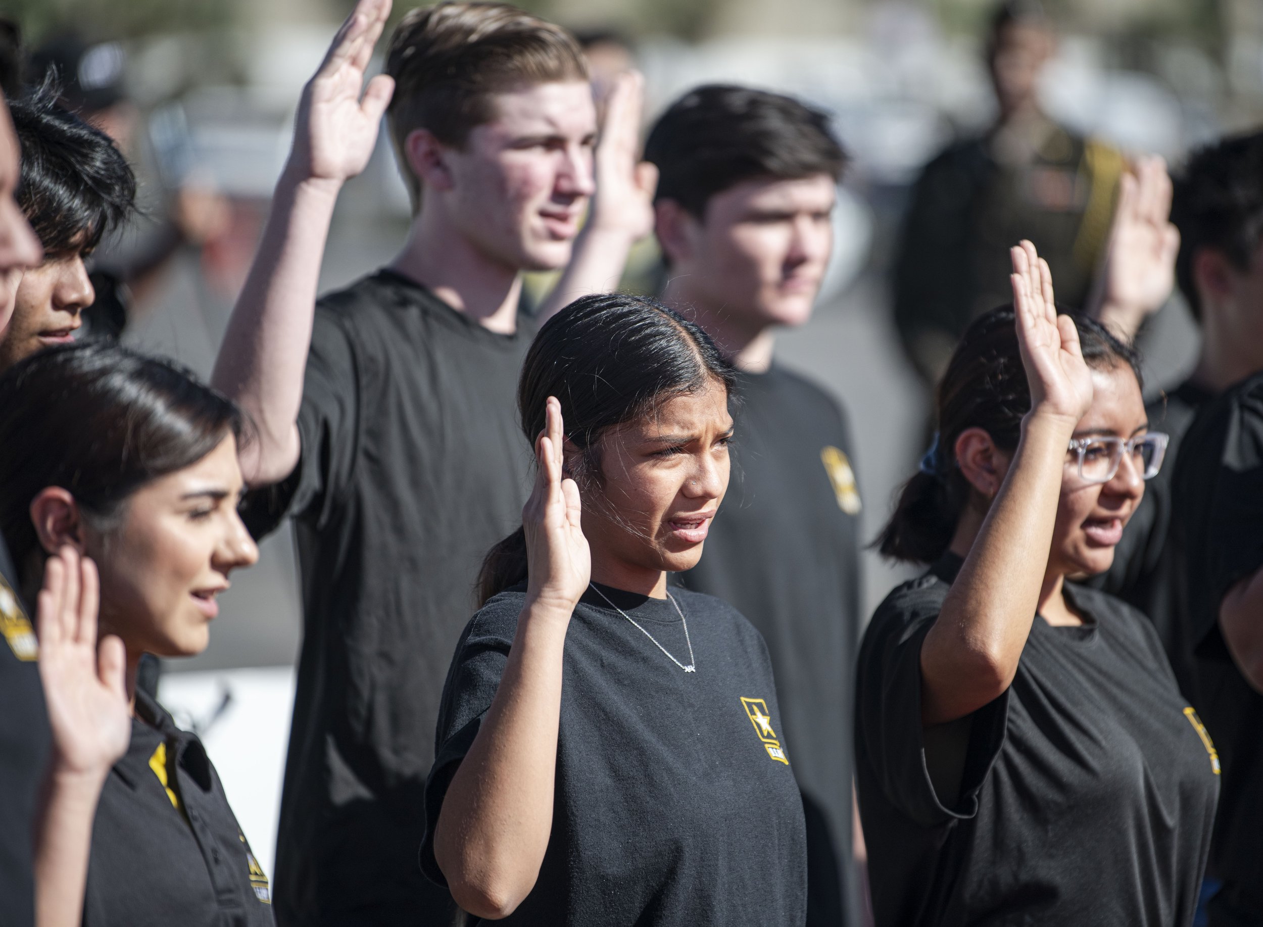  Army recruits out of the Los Angeles Army Recruit Battalion  practice their swear in procedures before the Veterans Day event hosted by both the Los Angeles Army Recruitment Battalion and the California Army National Gaurd on Nov. 11, 2021 in Santa 