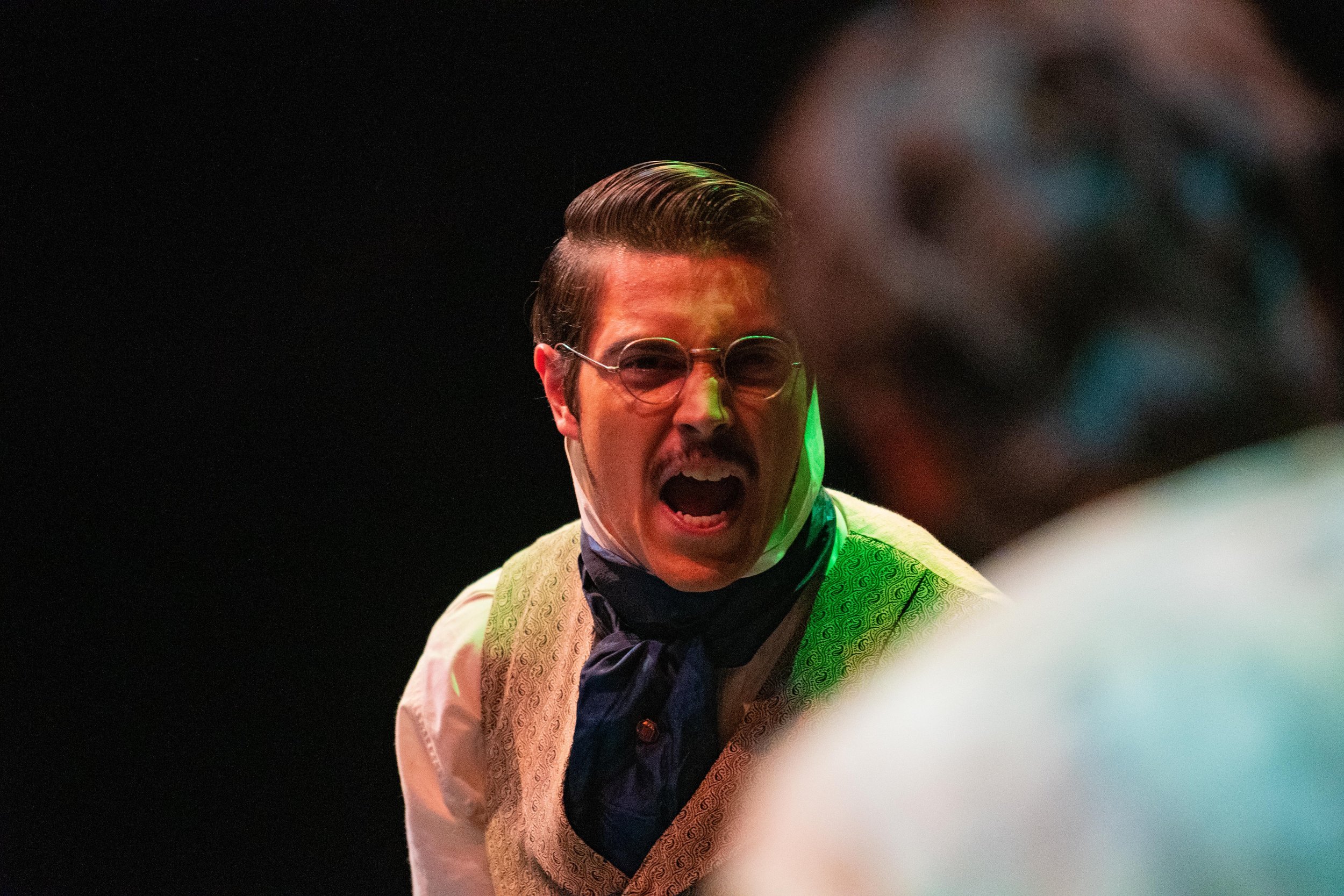  Ryan Dylan Wargnier, playing Frankenstein himself, screams at his own creation in G. Bruce Smith's "Broken Mirror: A Frankenstein Odyssey" (dir. Perviz Sawoski), a performance put on by the Theatre Arts Department on the Santa Monica College Theatre