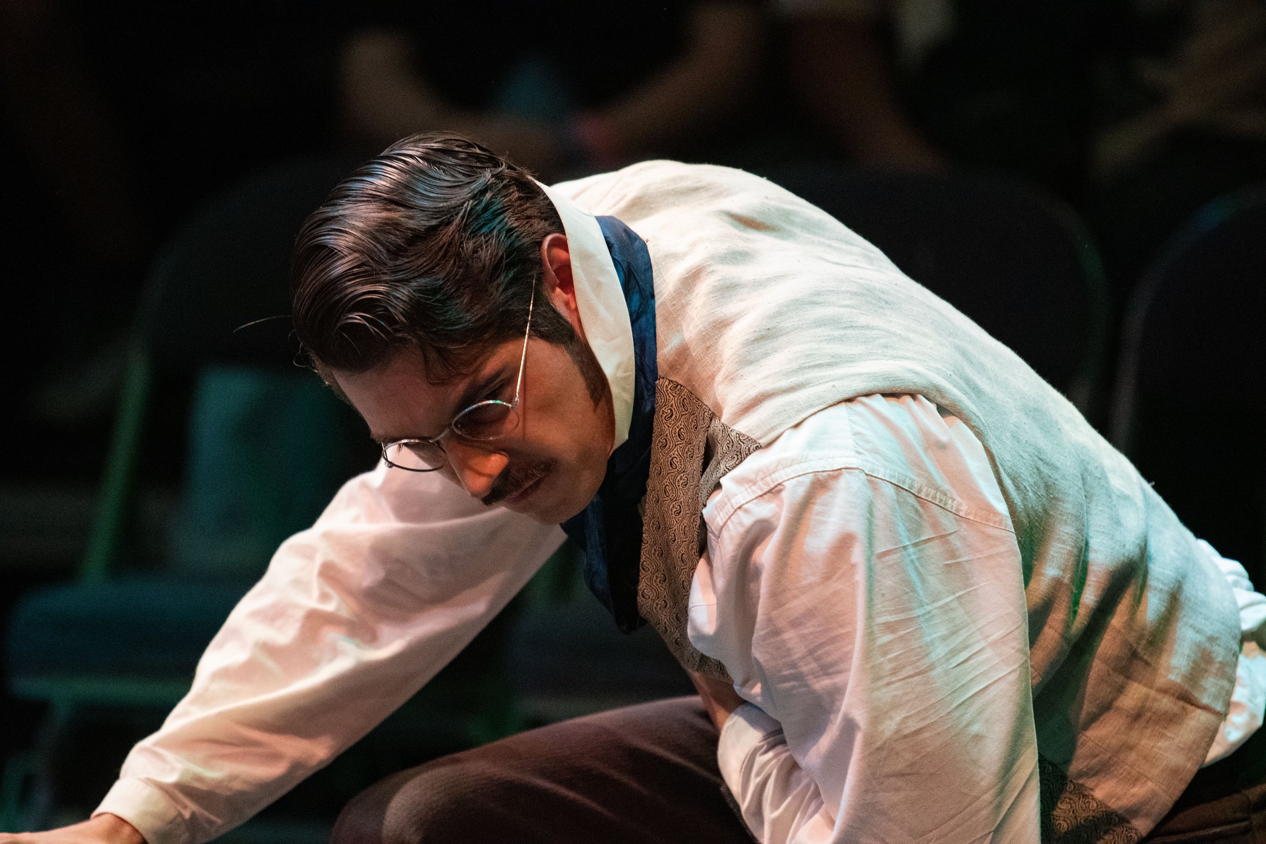 Ryan Dylan Wargnier, playing Frankenstein himself, expresses profound grief as a result of his creature's deeds in G. Bruce Smith's "Broken Mirror: A Frankenstein Odyssey" (dir. Perviz Sawoski), a performance put on by the Theatre Arts Department on