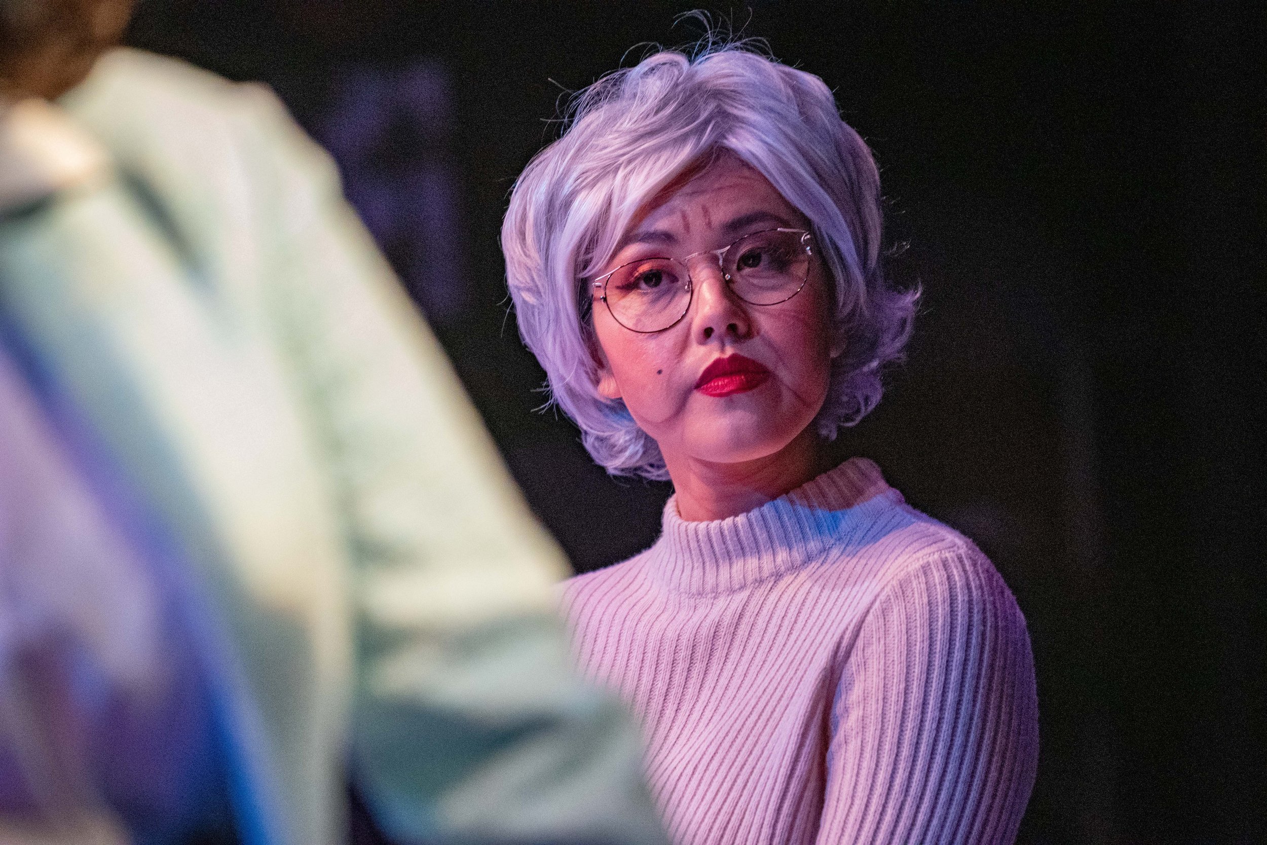  Chelsea Sik, playing Eva Warren Hollace, shares a conversation with Helen Baldwin played by Teresa Crespo Hartendorp in G. Bruce Smith's "Broken Mirror: A Frankenstein Odyssey" (dir. Perviz Sawoski), a performance put on by the Theatre Arts Departme