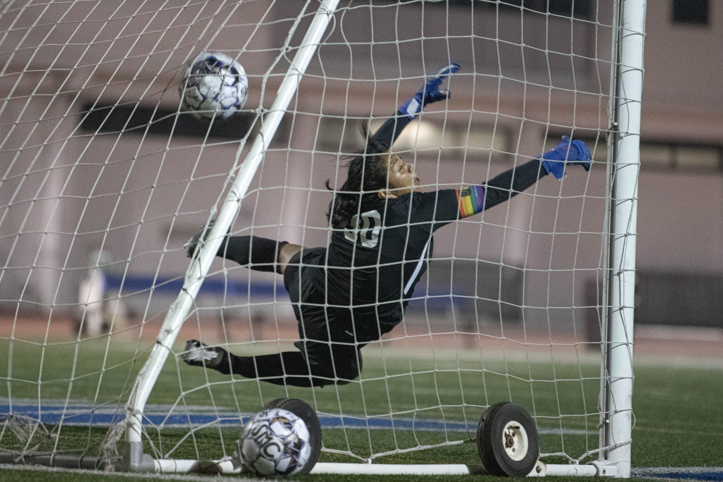  Santa Monica College Corsairs sophomore goalie Yosemite Cruz (30) misses on the final shoot out attempt from El Camino College giving the Corsairs the loss on Nov. 18, 2021 at Santa Monica College. (Jon Putman | The Corsair) 