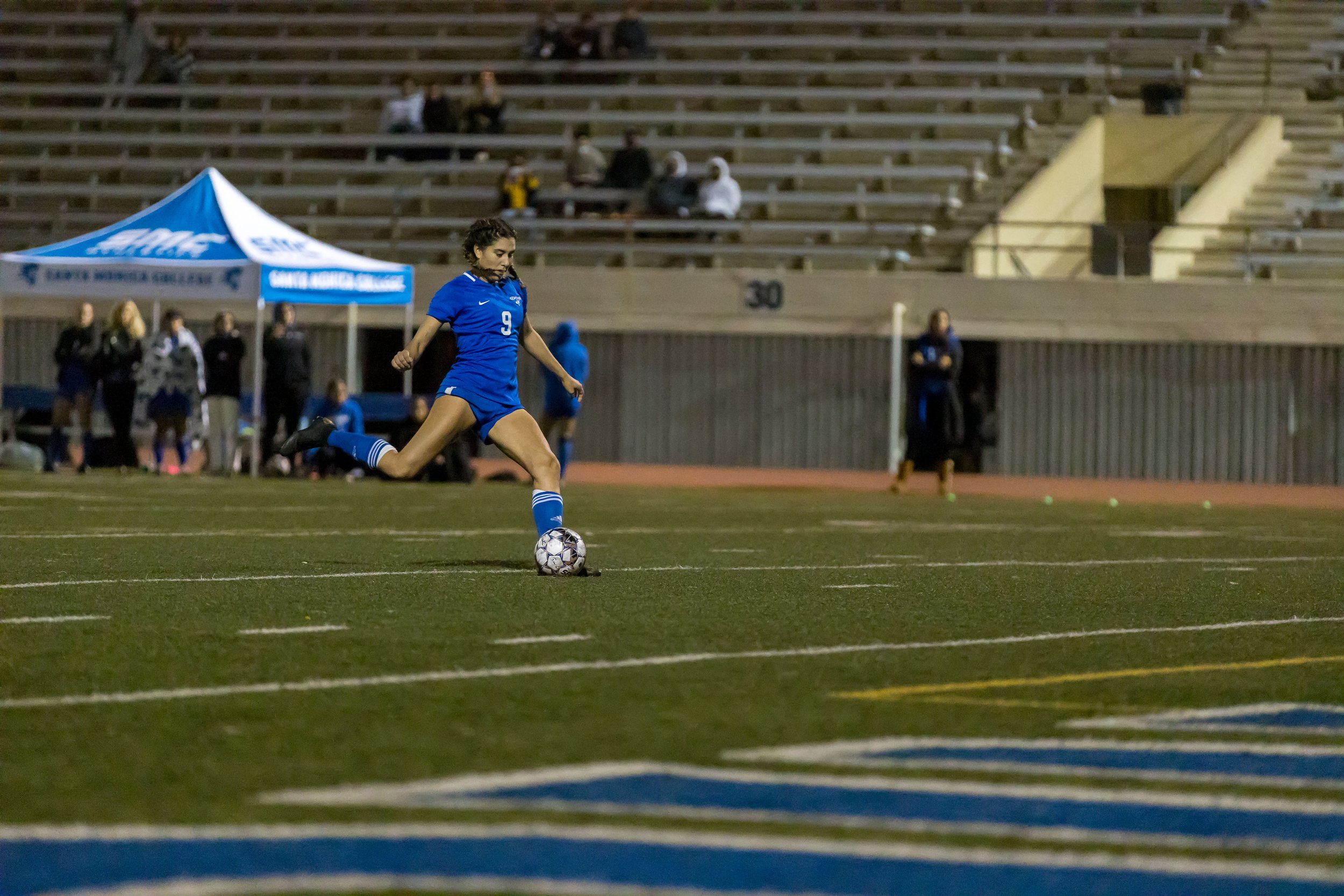  Freshman Alexia Mallahi(9) takes a penalty kick in OT2 Santa Monica College played against El Camino College in a California Community College Women's Soccer Southern California Regional Play-In game on November 18, 2021. The game was a 1-1 tie afte
