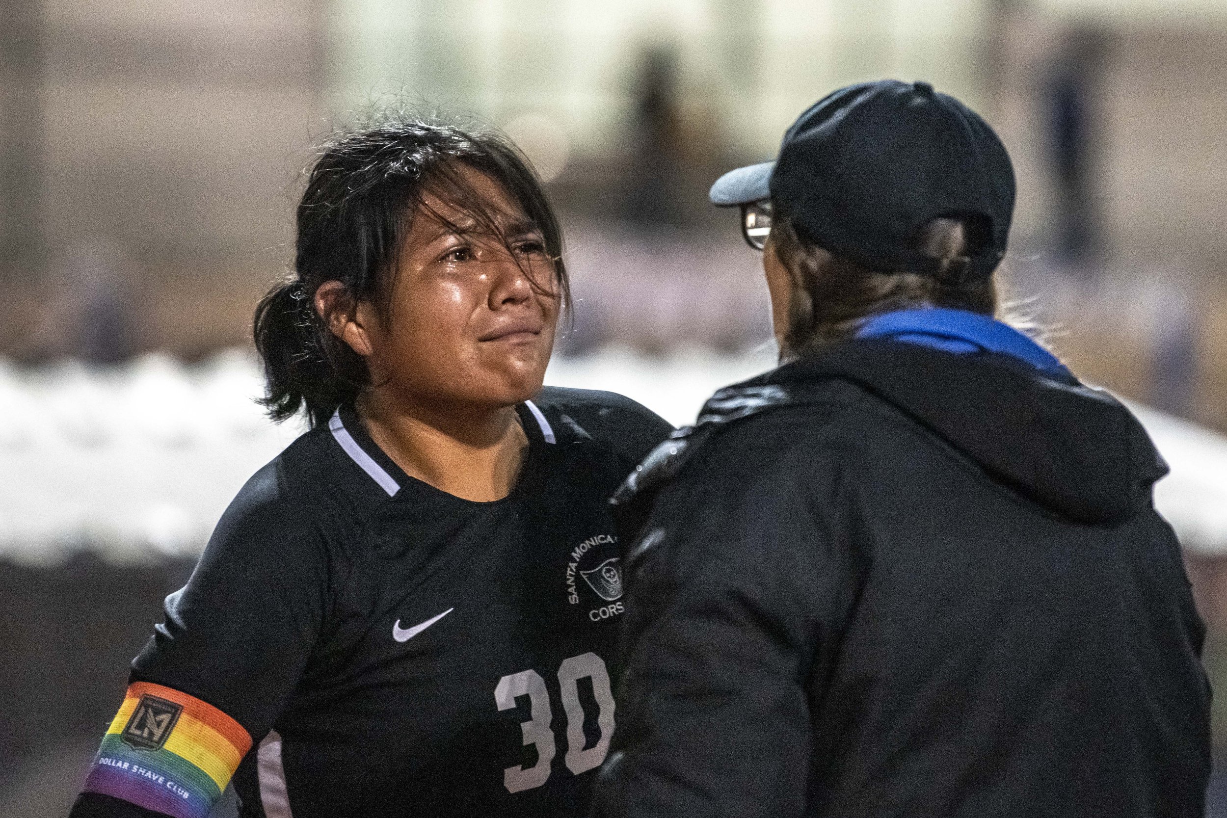  Santa Monica College Corsairs sophomore goalie Yosemite Cruz (30) receives some words of encouragment from the assistant coach after missing the final shot giving the Corsairs their final loss of the sesaon on Nov. 18, 2021 at Santa Monica College. 