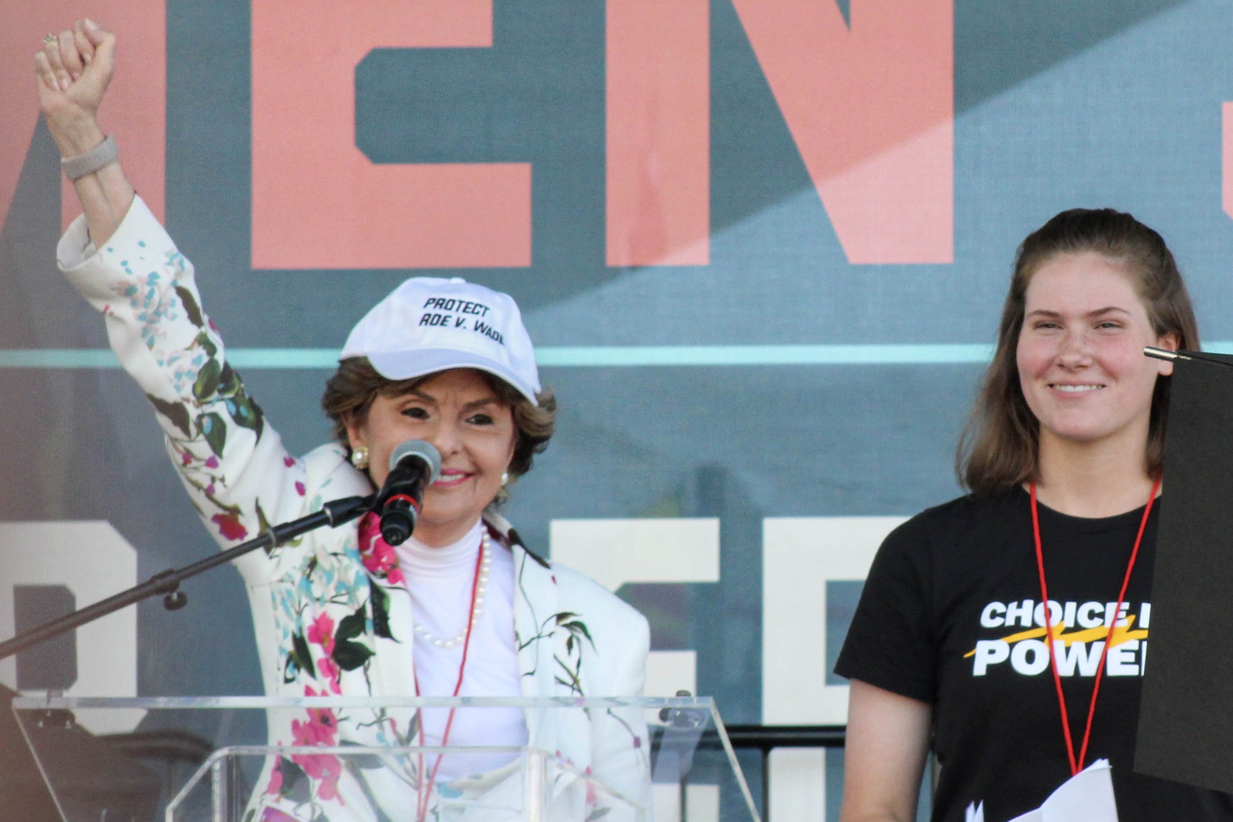  Women's rights attorney Gloria Allred and Texas high school valedictorian Paxton Smith co-deliver speeches at the Women's March in Downtown Los Angeles, CA. October 02, 2021. (Roxana Blacksea | The Corsair) 