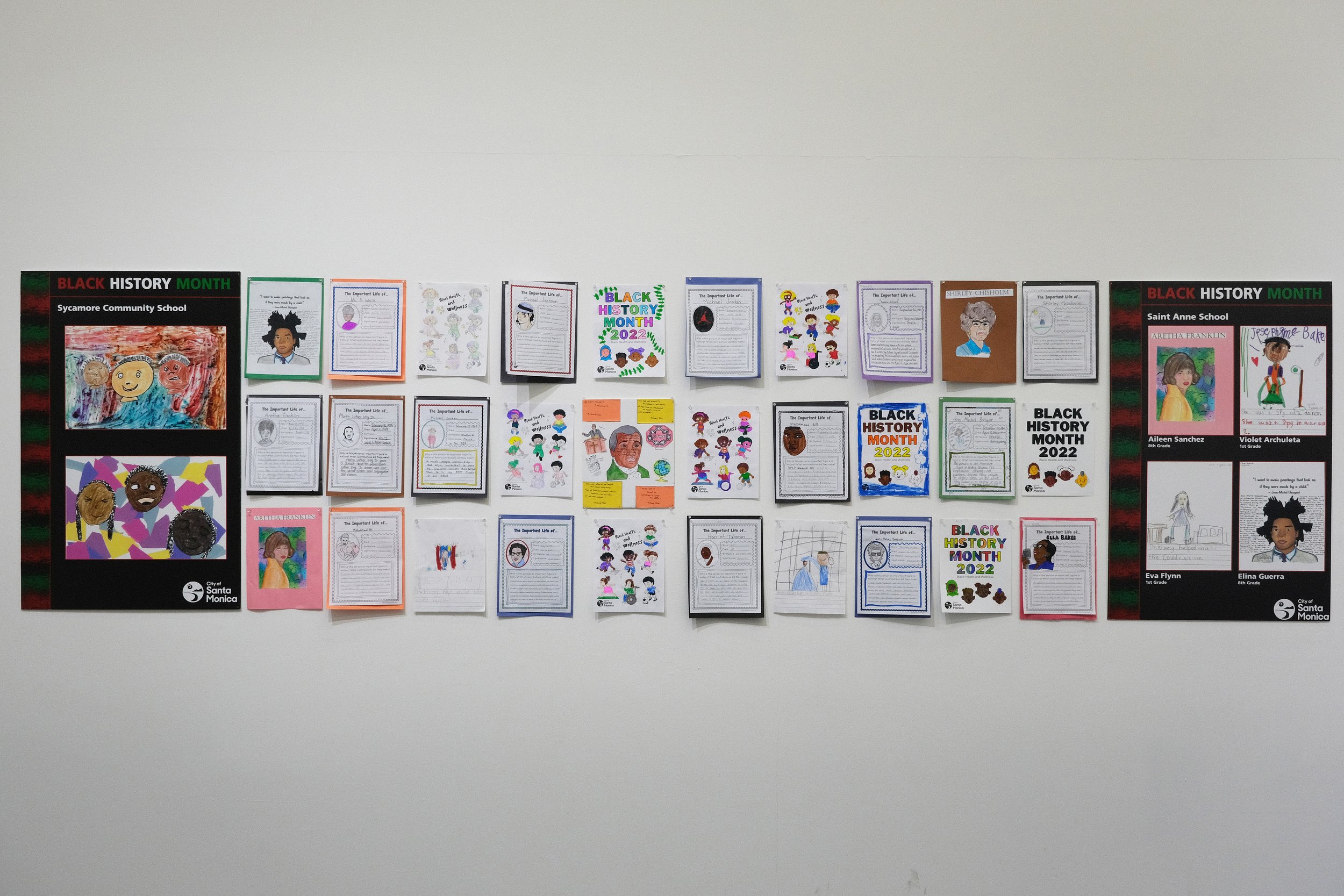  Various artwork drawn, created, and written by students from Sycamore Highschool, and Saint Anne School for the Black History theme Art Walk on display at the Building Bridgers Art Exchange Gallery, at the Bergamot Station in Santa Monica, Los Angel