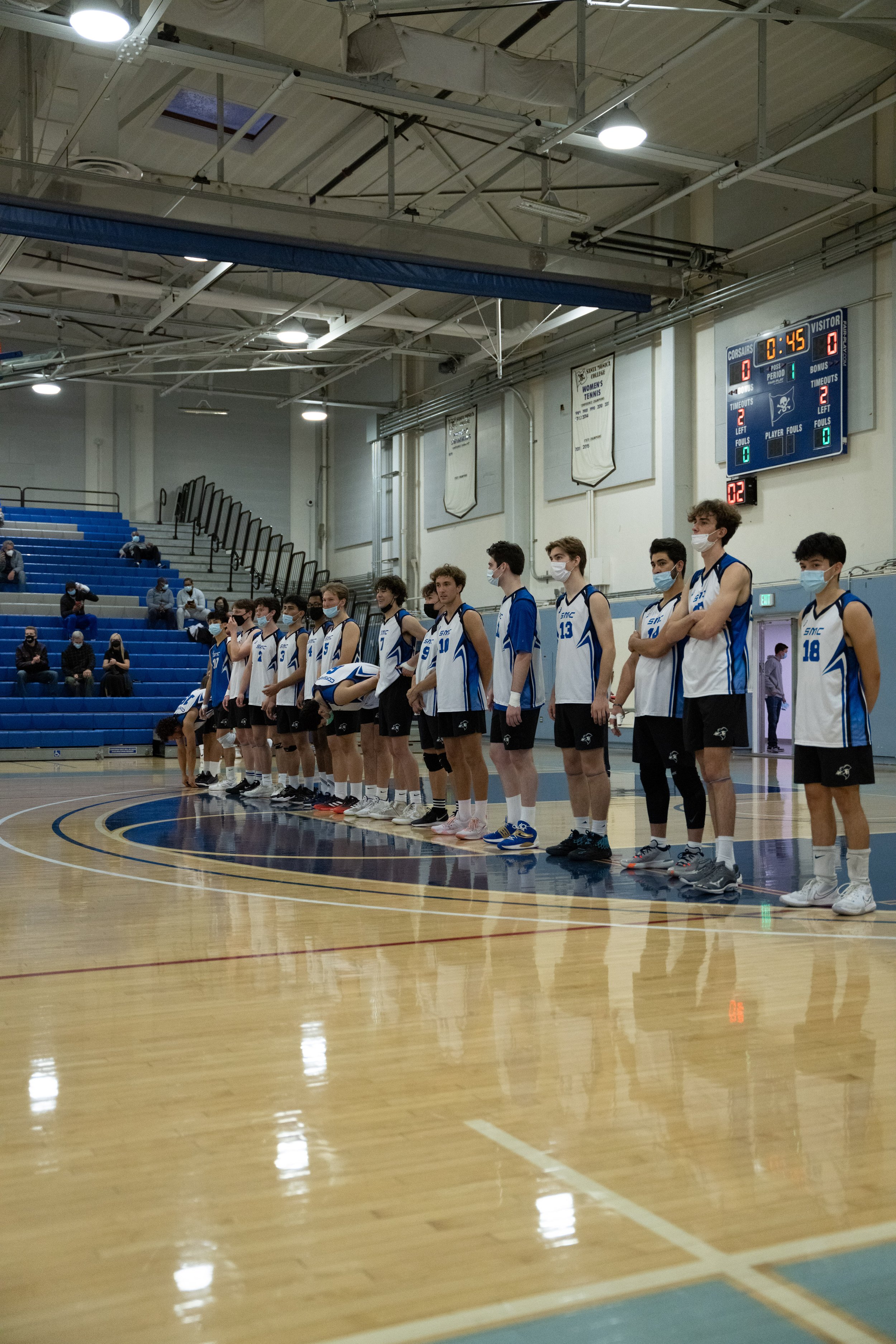  The Santa Monica College Corsairs Mens Volleyball Team lines up for the starting lineups before their game against the Moorpark College Raiders in The Pavilion in Santa Monica, Calif. on Tuesday March 4. (Ryan Martinez | The Corsair) 