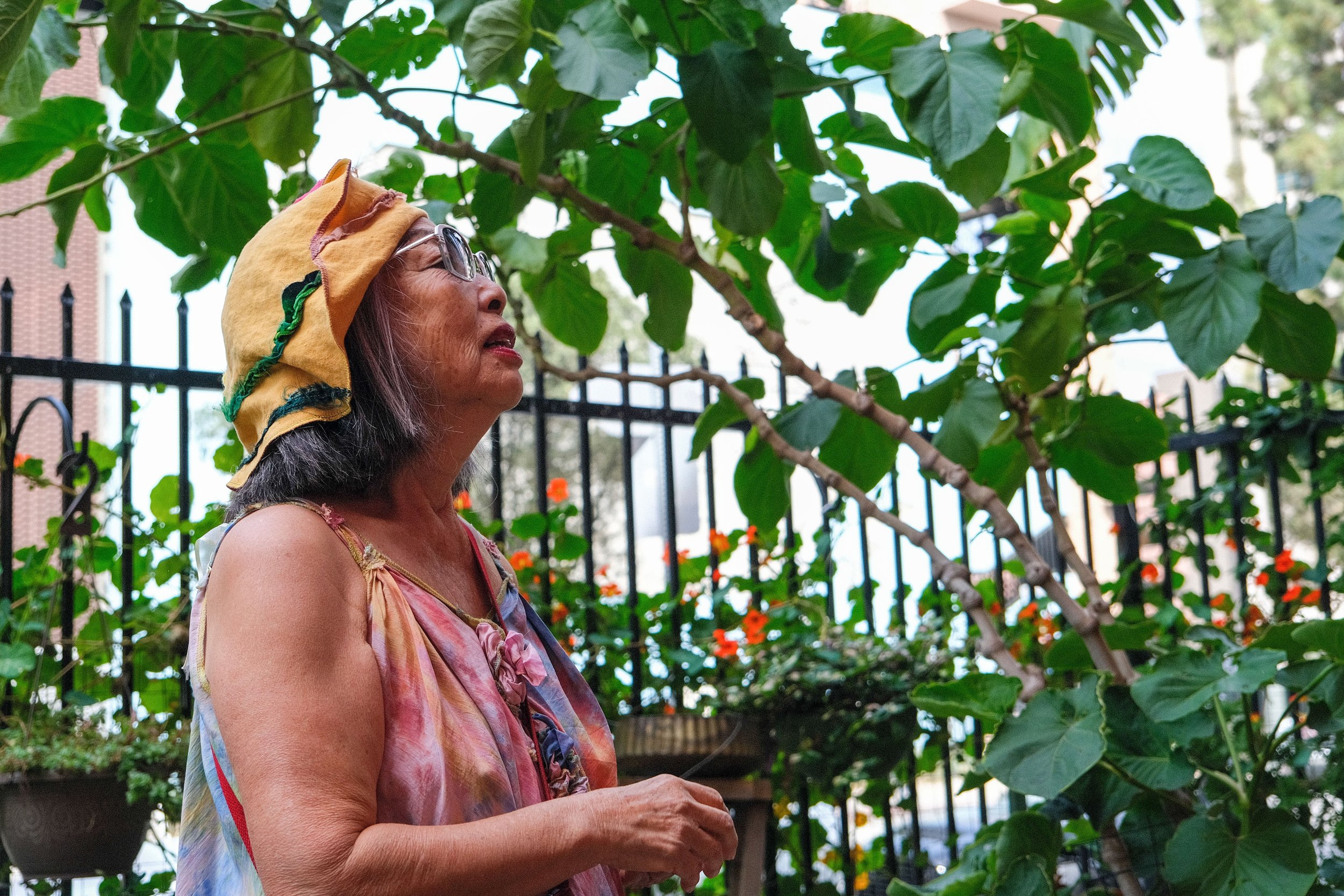  Rain boe Wave watches the birds fly over the garden after she filled the seed feeder. Spring Street Community Garden in Downtown Los Angeles on Monday, March 21, 2022. (Anna Sophia Moltke | The Corsair) 