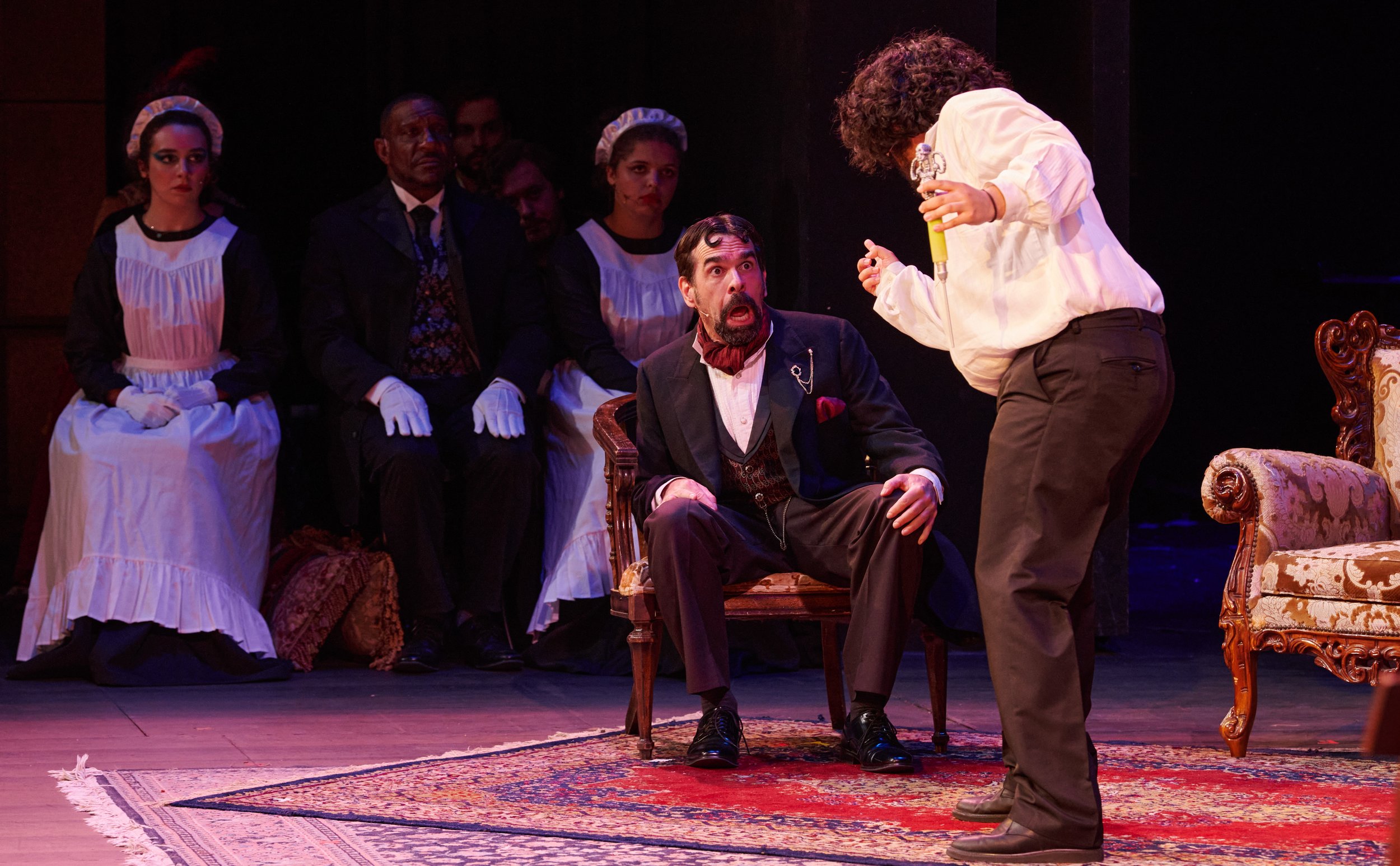  Justin Lescoulie (left) and A.J. Sohrabi (right) perform with other cast members at a dress rehearsal of "The Strange Case of Dr. Jekyll &amp; Mr. Hyde" on March 28. (Nicholas McCall | The Corsair) 