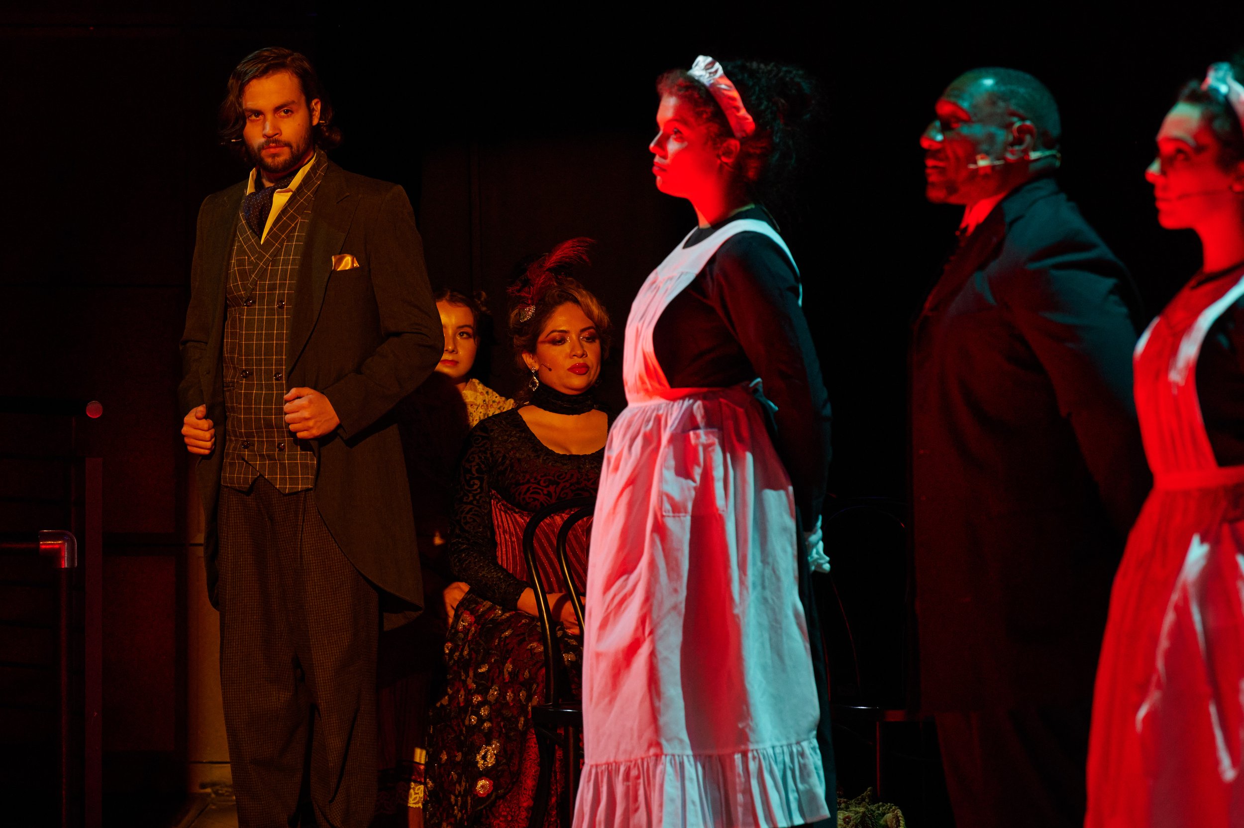  Cooper McAdoo (left) and cast members perform during a dress rehearsal of "The Strange Case of Dr. Jekyll &amp; Mr. Hyde" at the Theatre Arts Complex Main Stage. Monday, March 28, 2022. (Nicholas McCall | The Corsair) 