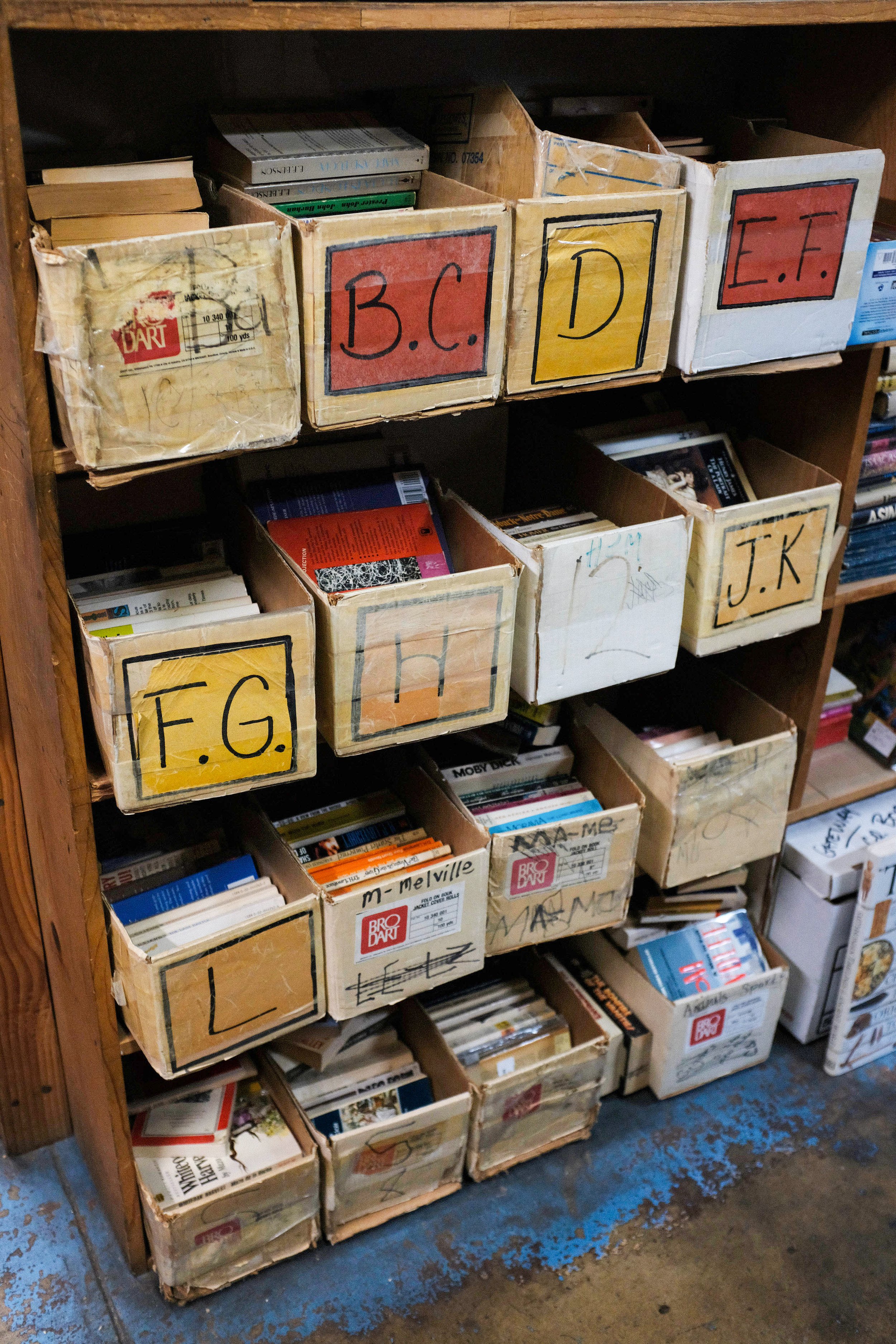  In the stock room of Bargain Books in Van Nuys, Los Angeles, California, are alphabetically sorted boxes of books. The boxes hold books that have a duplicate copy store, and are also listed on their online store. Bargain Books in Van Nuys, Los Angel