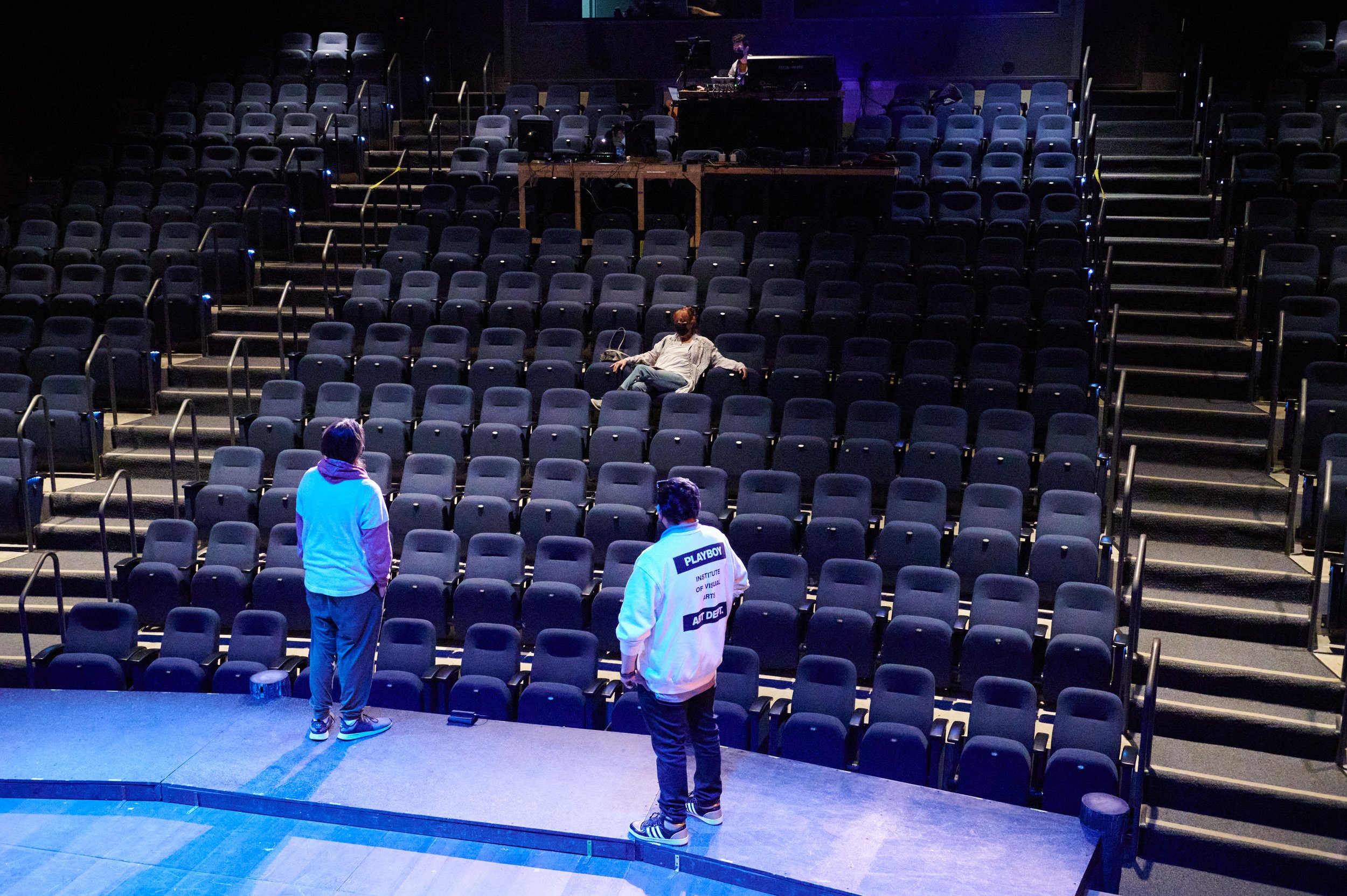  Director Terrin Adair gives instruction to Stage Manager Matthew Steward and Alexis Alapizco during rehearsal of the Santa Monica College Theatre Arts production of "Treasure Island" at the SMC Main Stage on Thursday, May 12, 2022, in Santa Monica, 