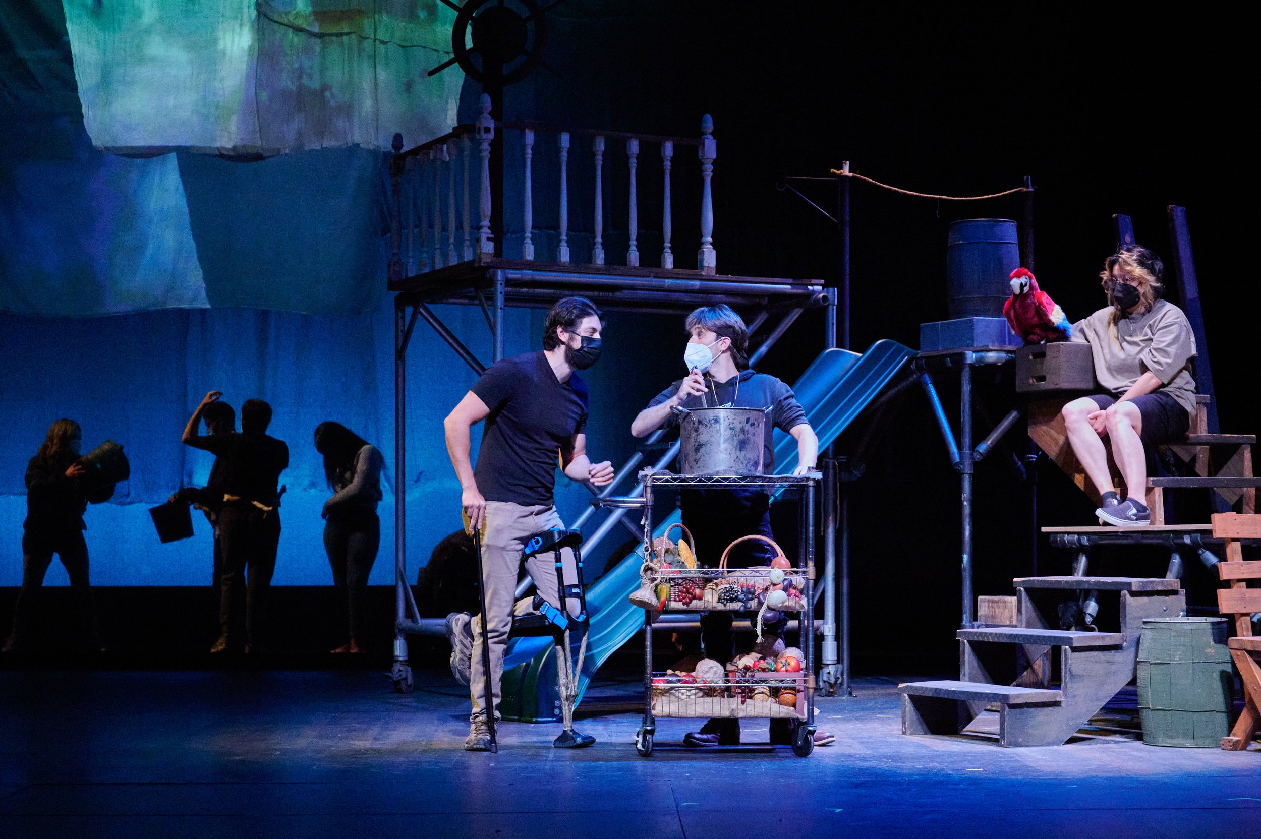  Ryan Dylan Wargnier, Ryan Del Papa, and Rachel Dwight-Alvarez during rehearsal of the Santa Monica College Theatre Arts production of "Treasure Island" at the SMC Main Stage on Thursday, May 12, 2022, in Santa Monica, Calif. (Nicholas McCall | The C