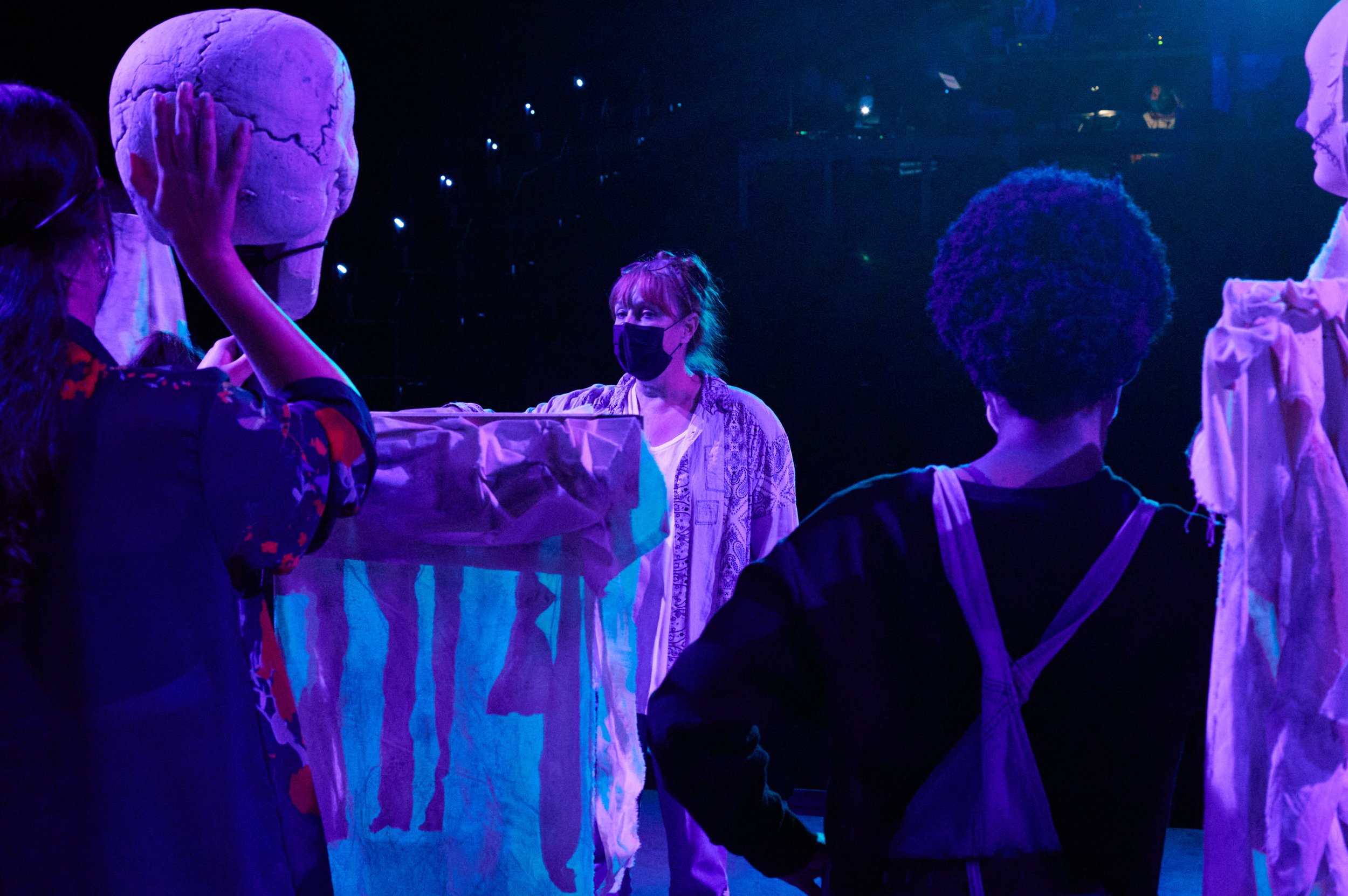  Director Terrin Adair (center) with Alice Lara Frick and Amari Smith during rehearsal of the Santa Monica College Theatre Arts production of "Treasure Island" at the SMC Main Stage on Thursday, May 12, 2022, in Santa Monica, Calif. (Nicholas McCall 