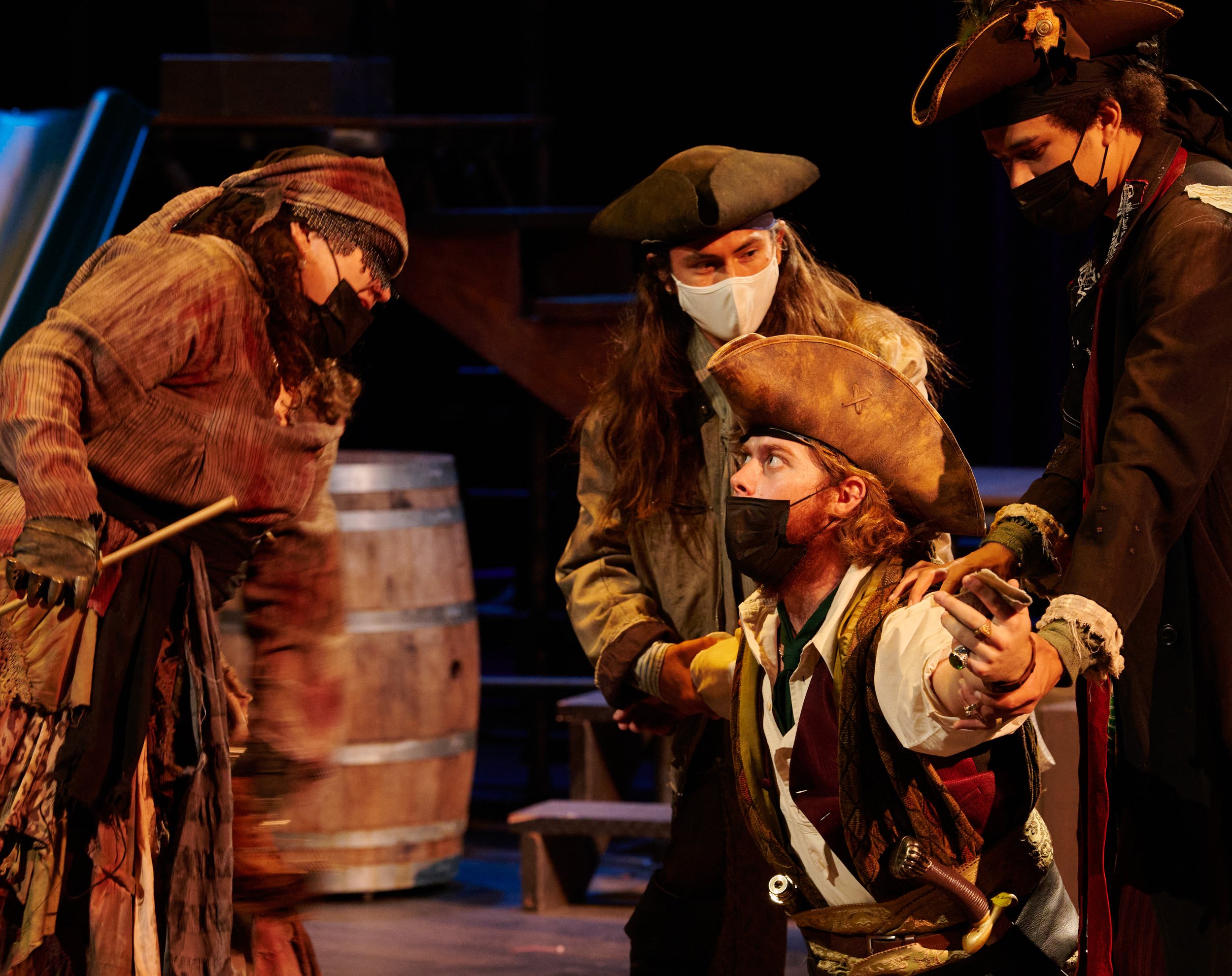  Natalie Garner, Norman Campos, Justin Valine (kneeling), and Carson Jett during rehearsal of the Santa Monica College Theatre Arts production of "Treasure Island" at the SMC Main Stage on Tuesday, May 17, 2022, in Santa Monica, Calif. (Nicholas McCa