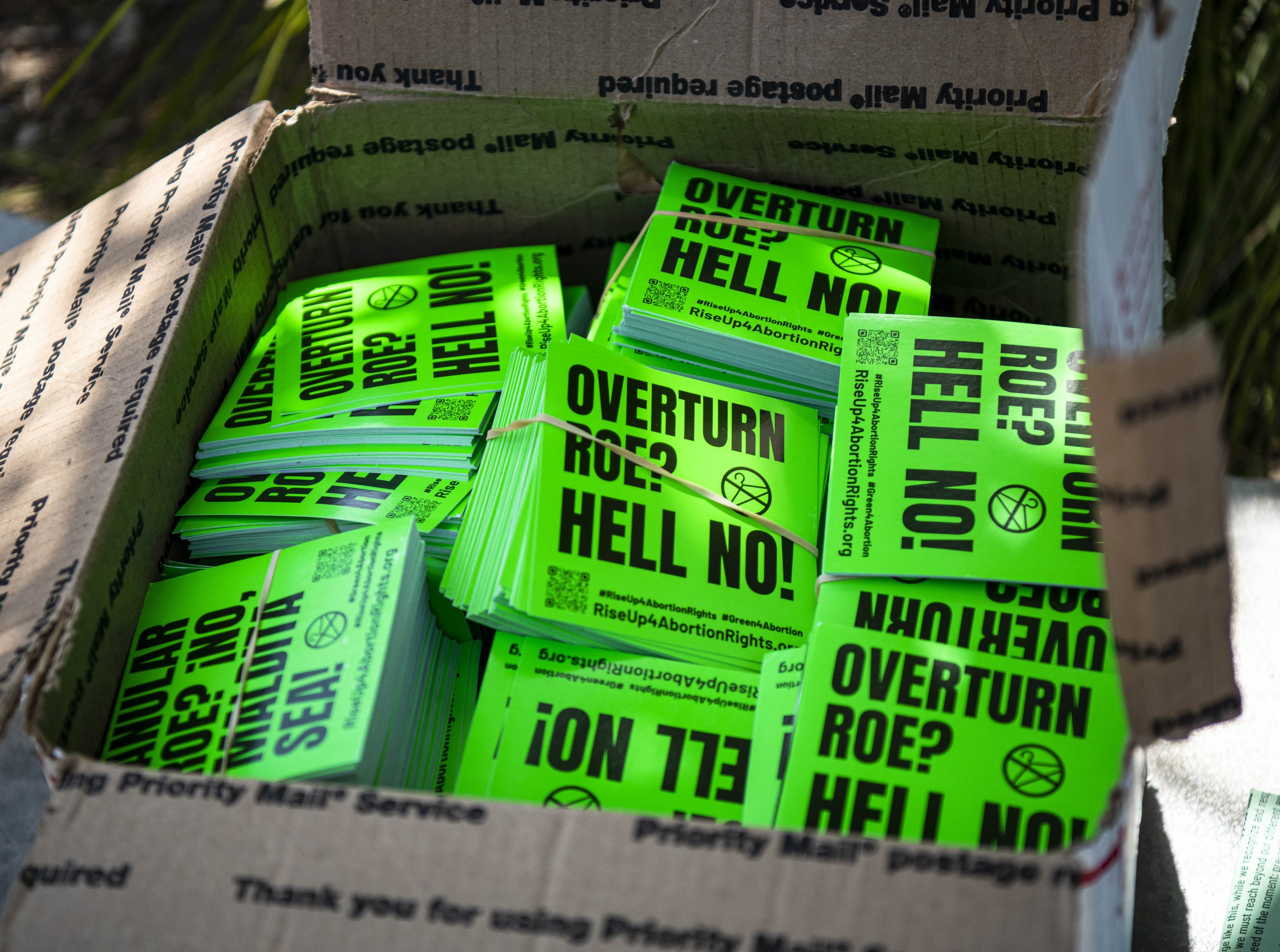  A box of "Overturn Roe Hell No" stickers ready to be disperssed among the crowds at Dodger Stadium for Rise Up 4 Abortion Rights planned peaceful protest on Sunday, June 5. (Jon Putman | The Corsair) 