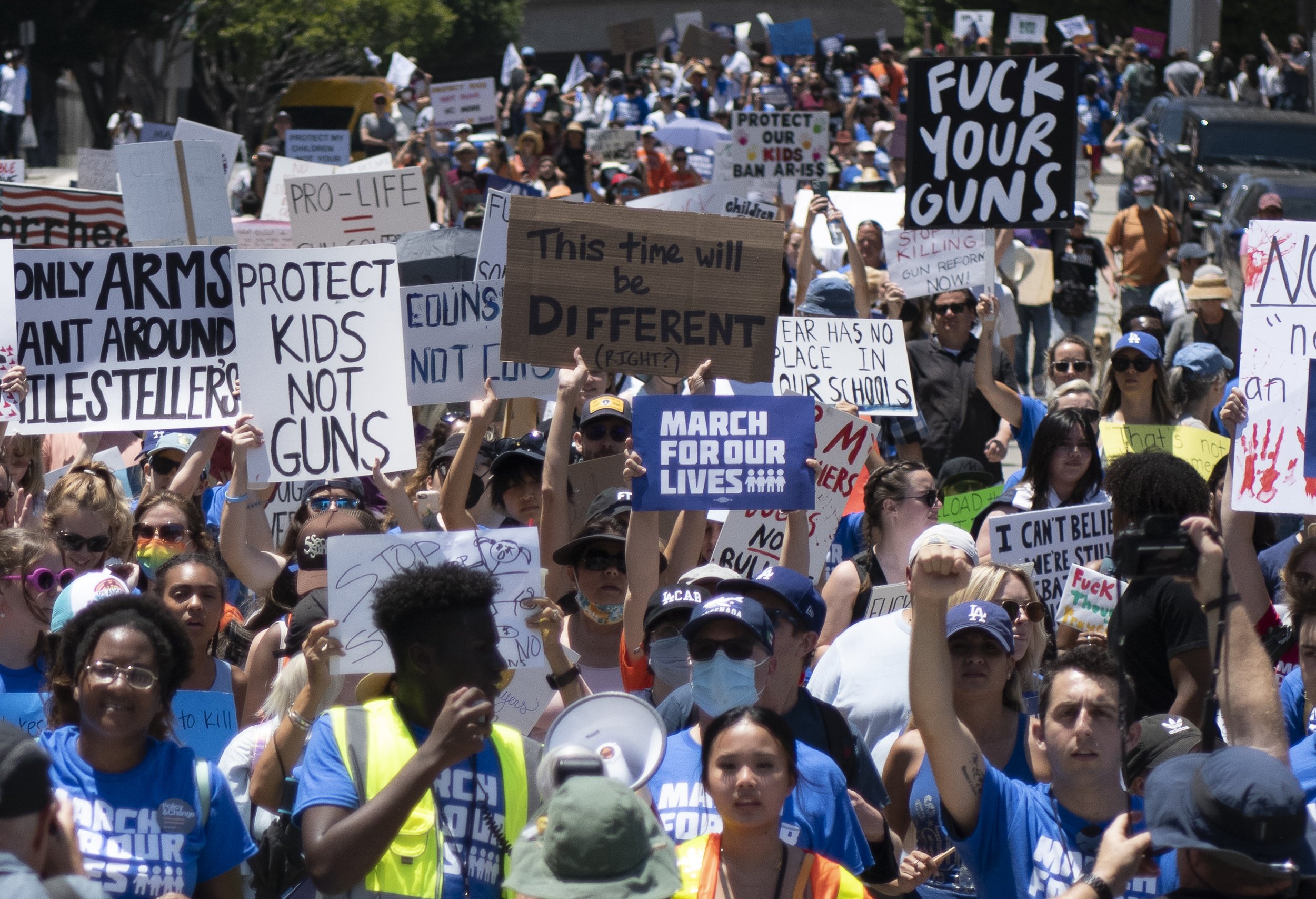  March for our lives supporters march the streets of downtown Los Angeles where roughly hundreds of people flooded the streets to show their support for gun control. (Jon Putman | The Corsair) 