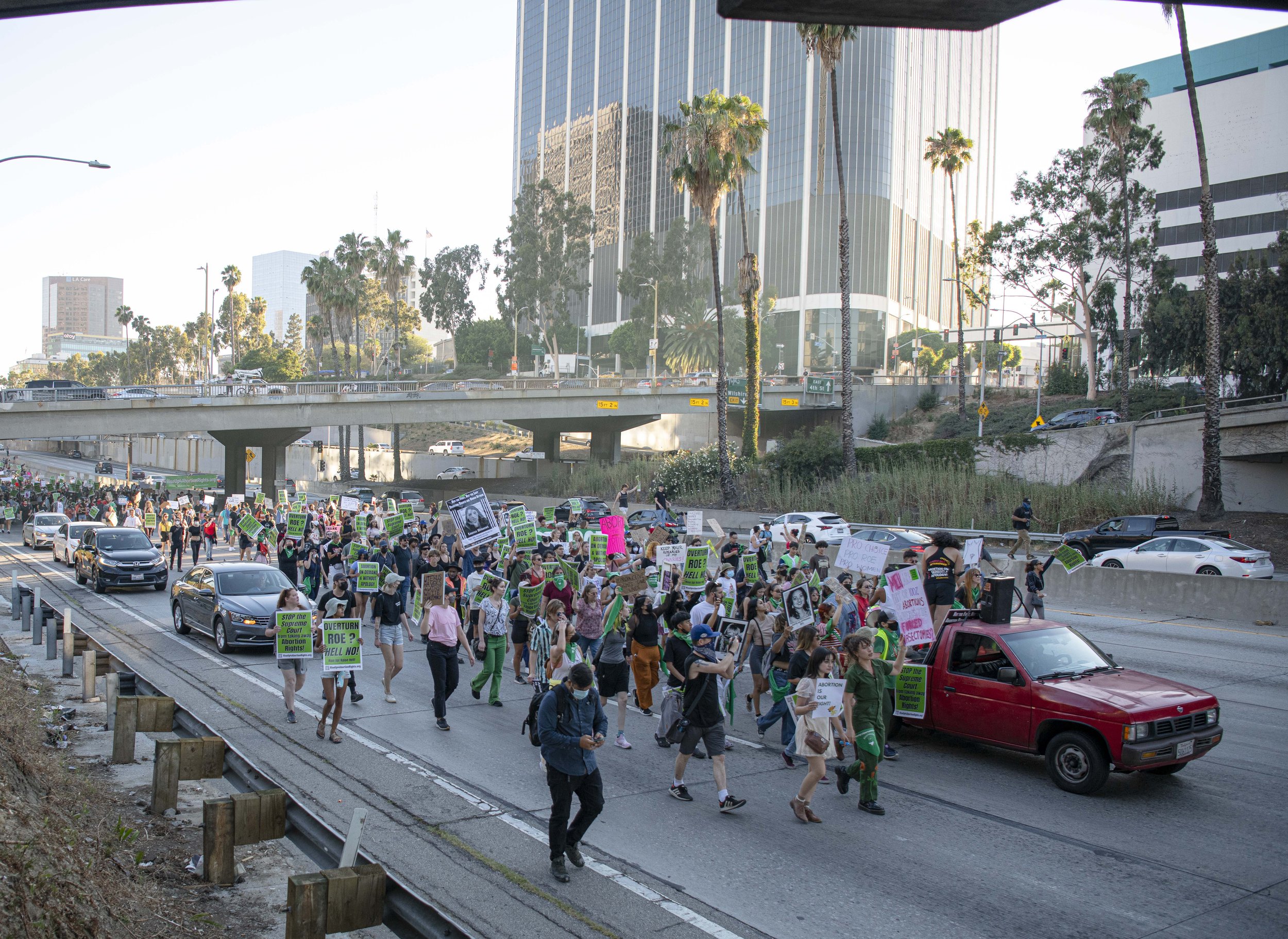  An Abortion Rights rally takes on the 110 Freeway downtown Los Angeles. (Jon Putman | The Corsair) 