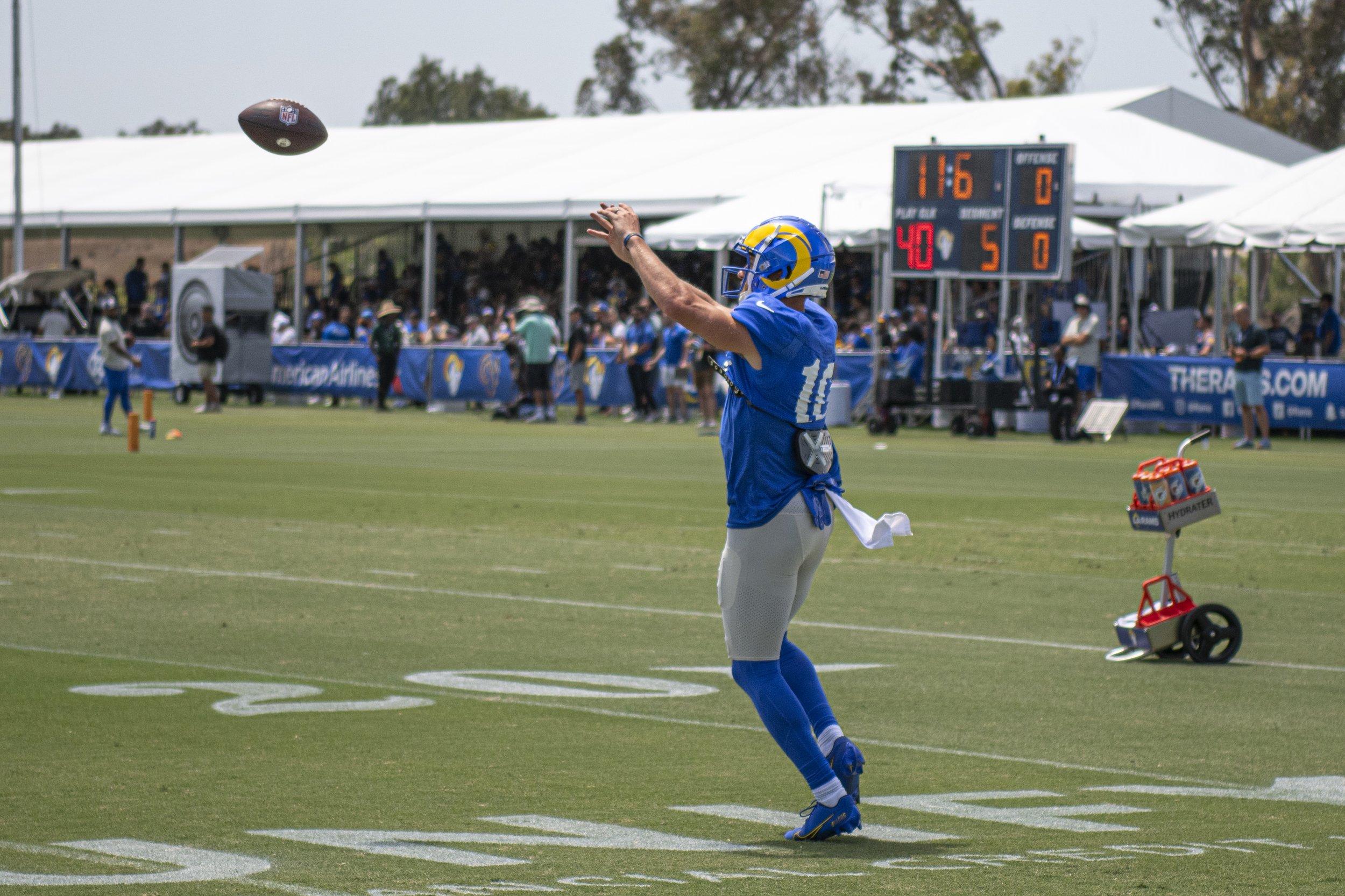  Cooper Kupp (10) reaches for an incoming pass from Quarterback Matt Stafford during training camp. (Jon Putman | The Corsair) 