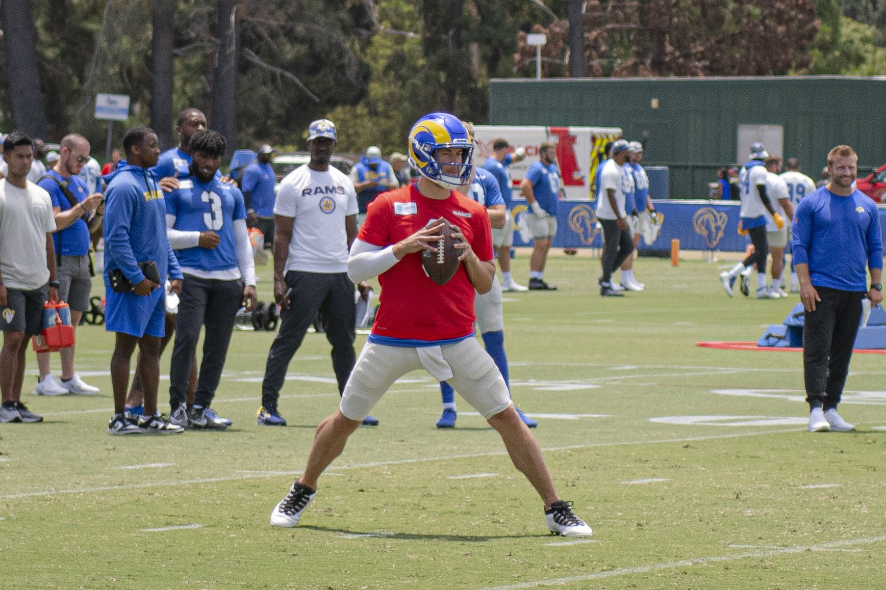  Matthew Stafford the Quarterback for the Los Angeles Rams drops back as he searches for open receivers before the team officially put pads on. (Jon Putman | The Corsair) 