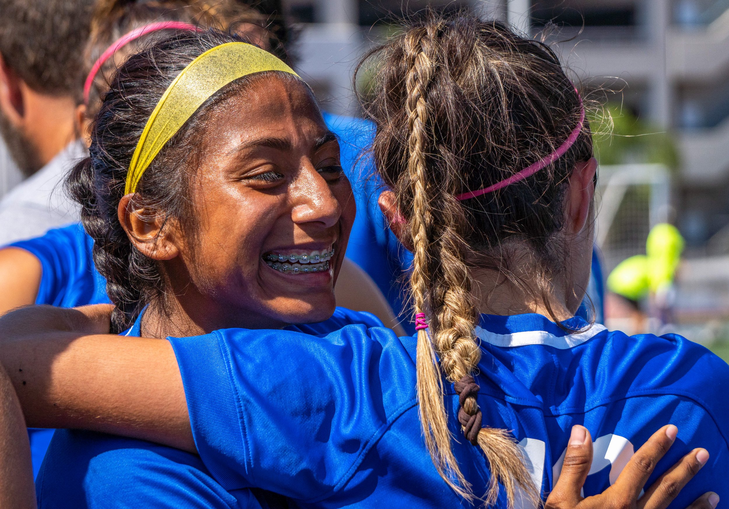  Women's Corsairs soccer players Carmen Talavera (23) and Ali Alban (10) celebrate after the match, beating El Camino College by 2 to 0.The Corsair Field in Santa Monica, Calif. On Friday, September 2, 2022. (Tsen Ee Lin | The Corsair) 
