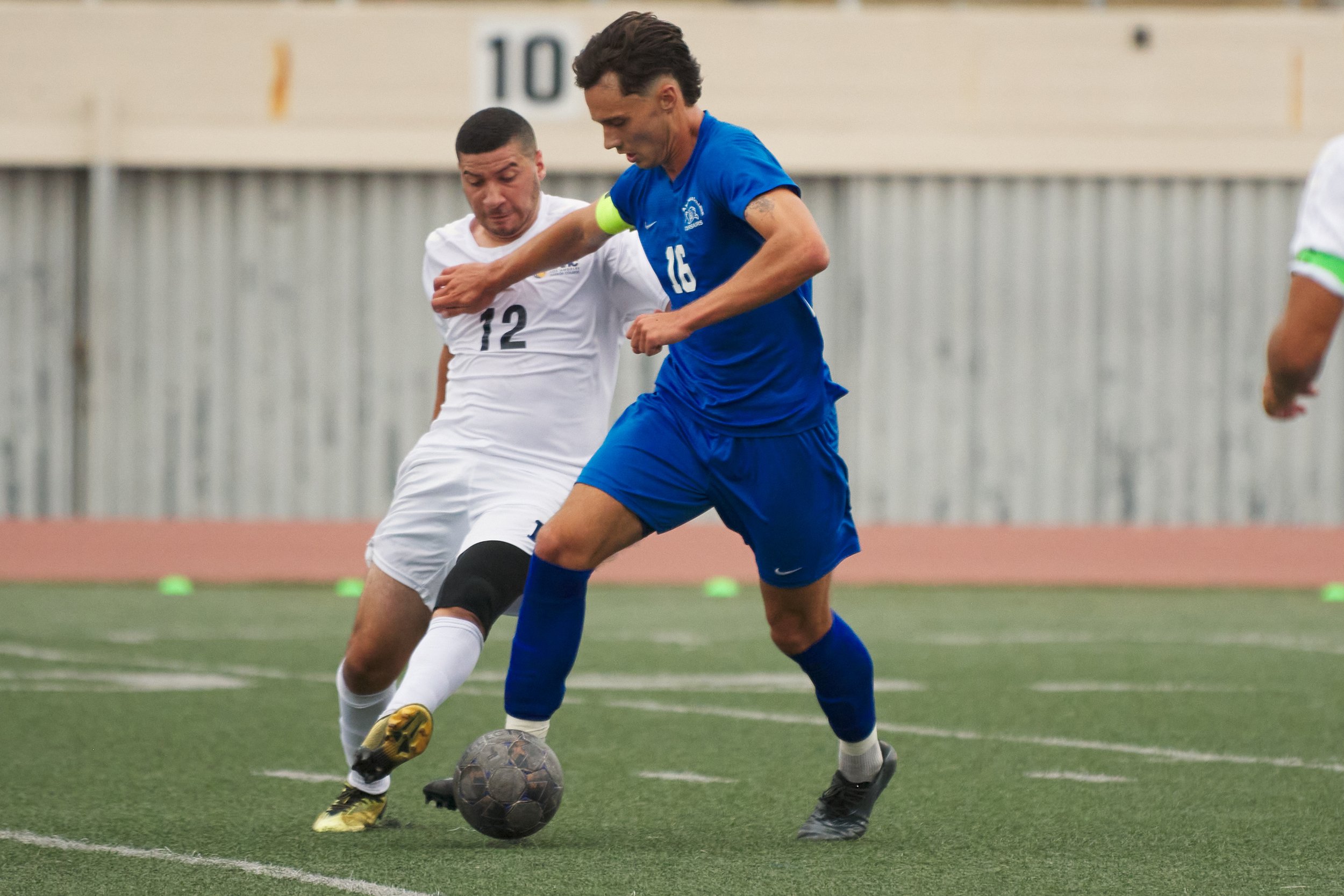  Kyler Sorber (right), of the Santa Monica College Corsairs, and Christian Palomares (left), of the Los Angeles Harbor College Seahawks, during the men's soccer match on Friday, September, 9, 2022, at Corsair Field in Santa Monica, Calif . The Corsai