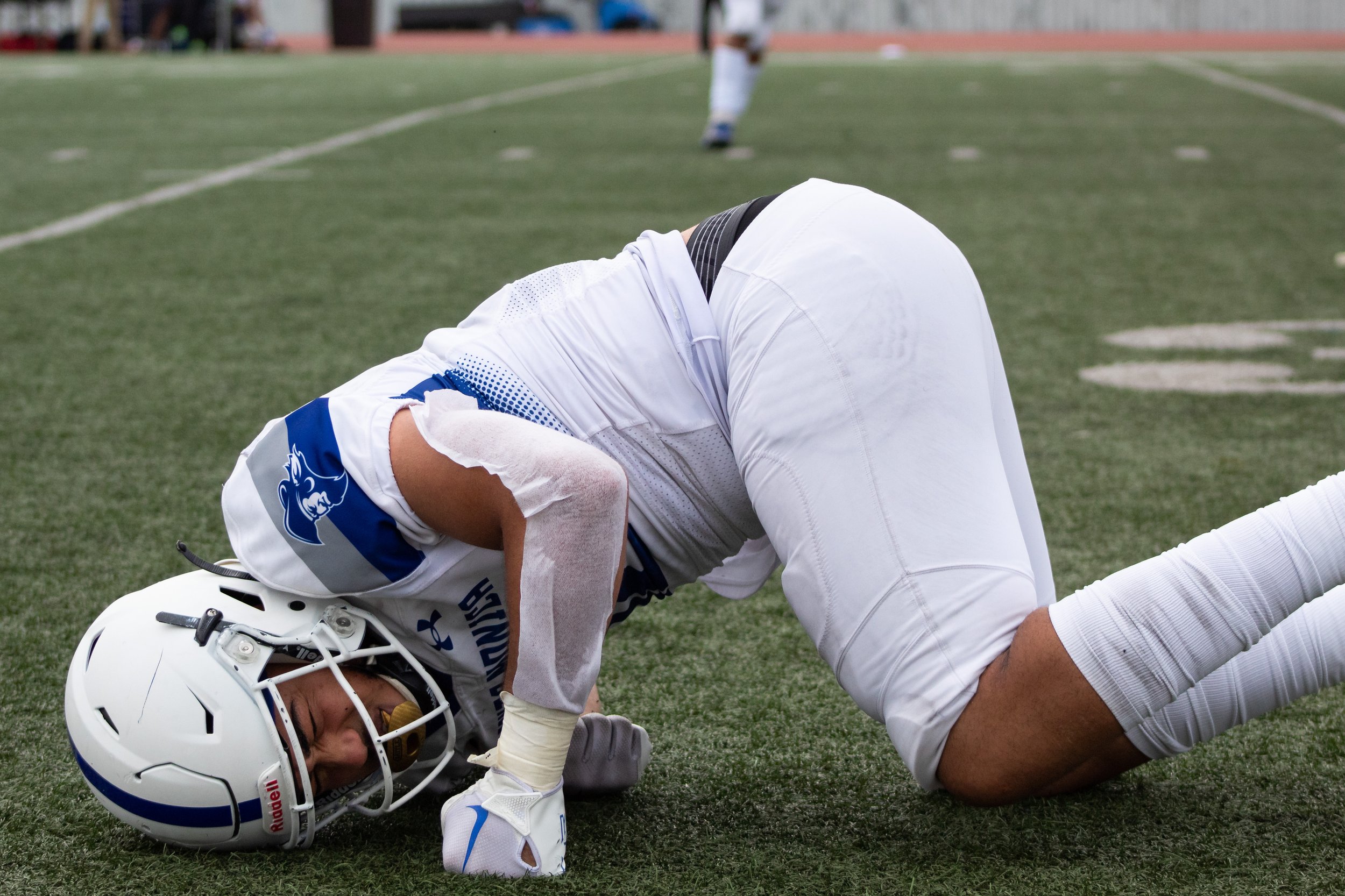  The Corsair's LJ Holmes taking a moment after being tackled during a home football game against Pasadena City's Lancers. The Lancers won with a final score of 27-20, on September 10, 2022, at Santa Monica College, Santa Monica, Calif. (Caylo Seals |