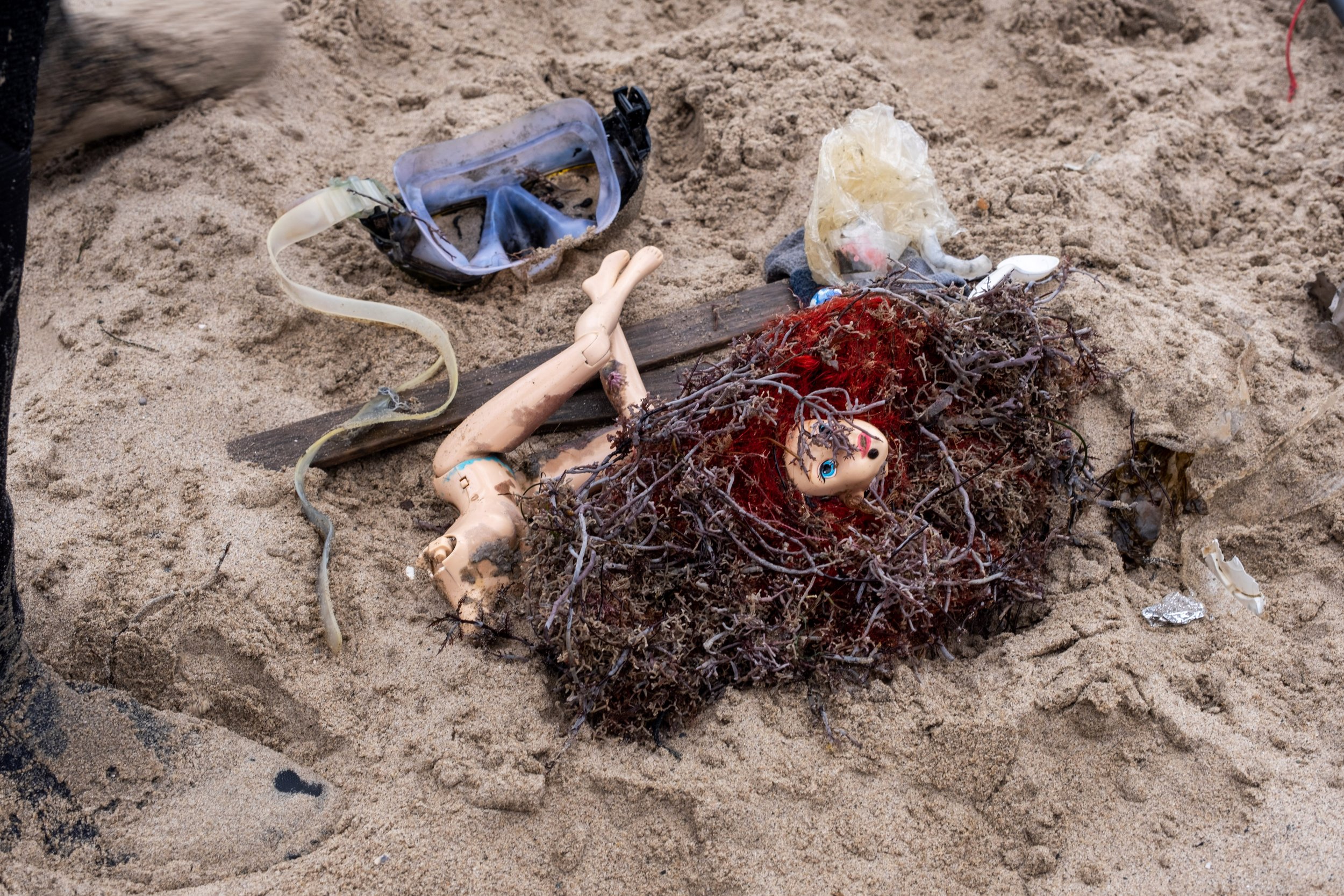  A plastic toy doll is engulfed by seaweed, part of the trash findings by members of Eco Dive Center who participated at the Coastal Cleanup Day, led by Heal The Bay in Santa Monica Calif. on Saturday, September 17, 2022. (Anna Sophia Moltke | The Co