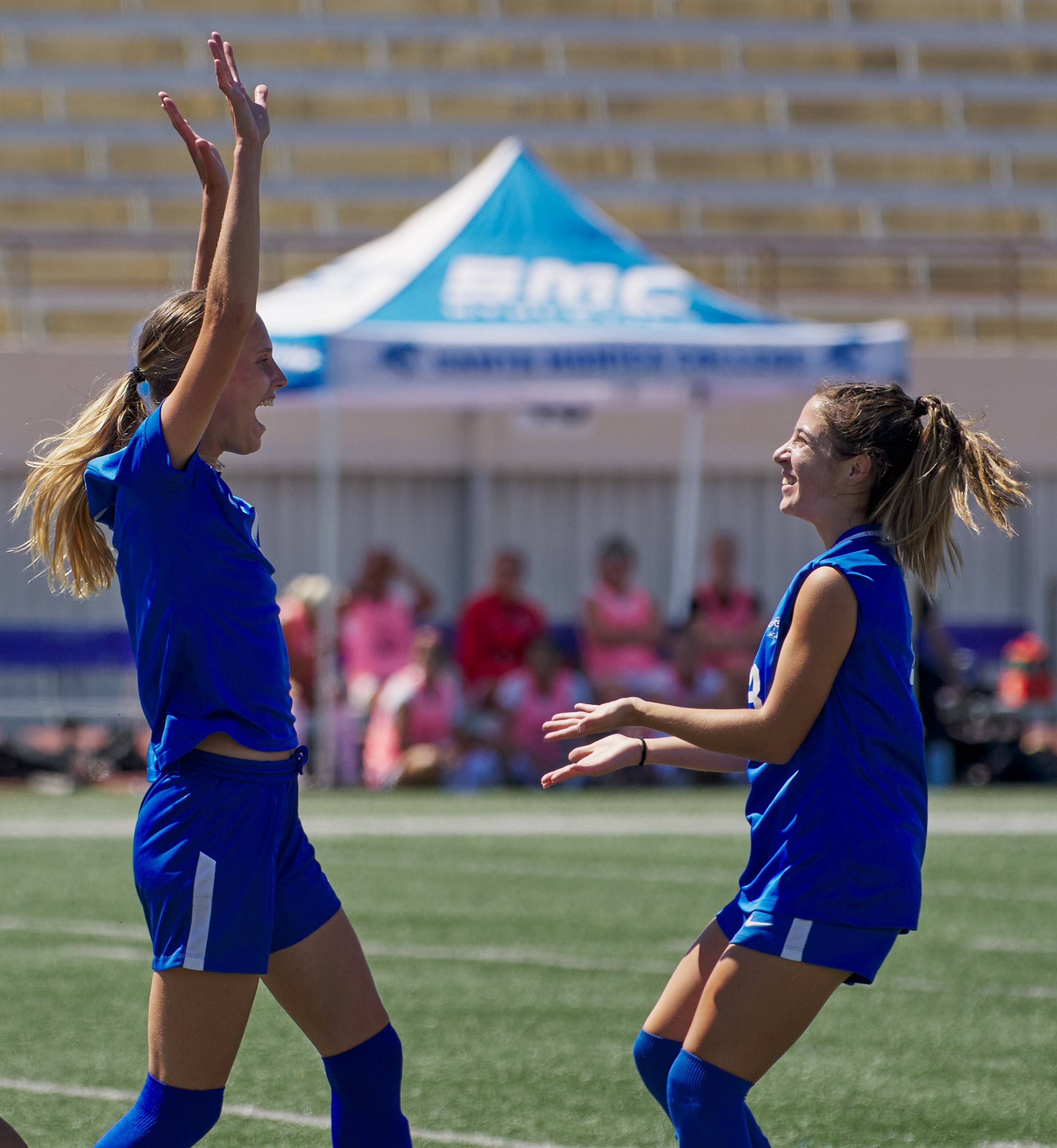  Emma Rierstam and Sophie Doumitt, of the Santa Monica College Corsairs Women's Soccer team, celebrate after Rierstam scored the Corsair's sole goal against the Santa Barbara City College Vaqueros on Tuesday, Sept. 20, 2022, at Corsair Field in Santa