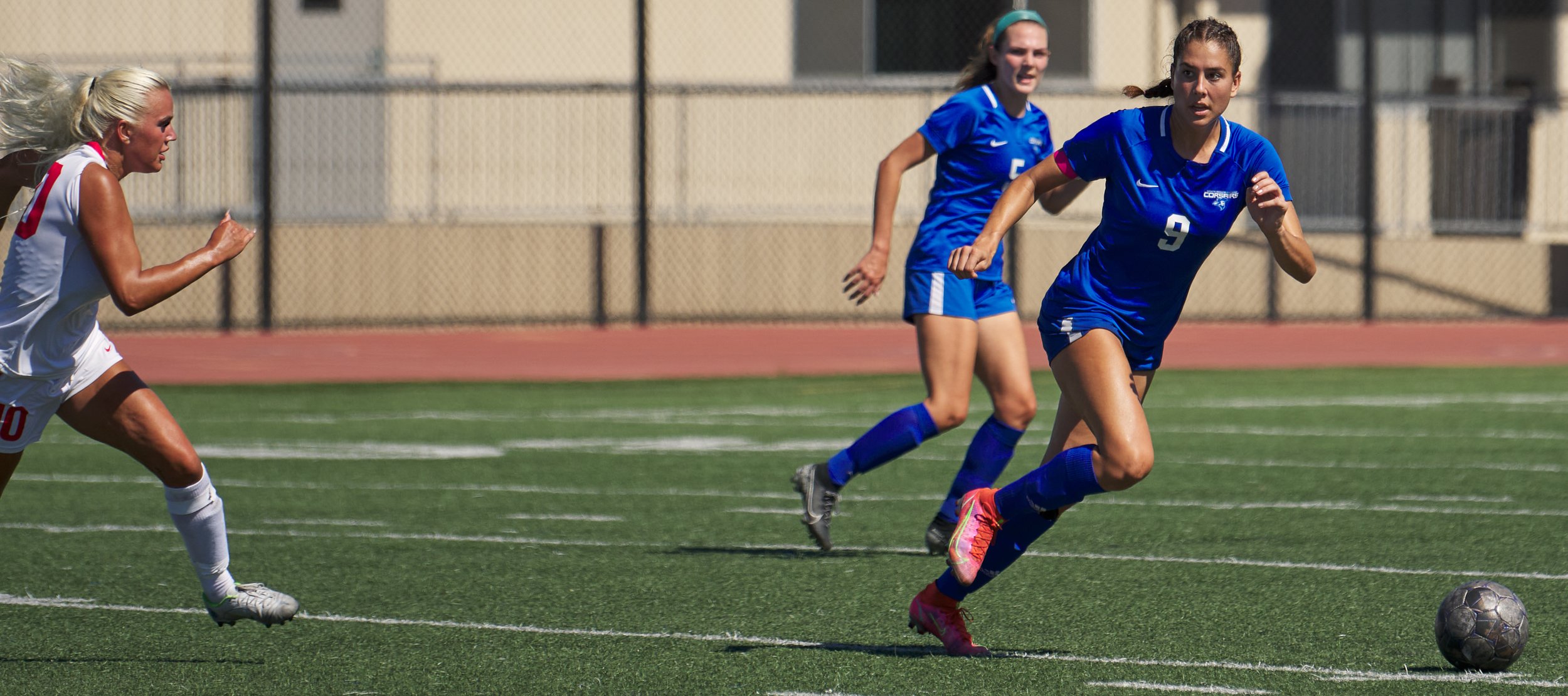  Santa Monica College Corsairs' Alexia Mallahi (right) keeps an eye on Helene Lervik (left), of the Santa Barbara City College Vaqueros, during the women's soccer game on Tuesday, Sept. 20, 2022, at Corsair Field in Santa Monica, Calif. The game ende