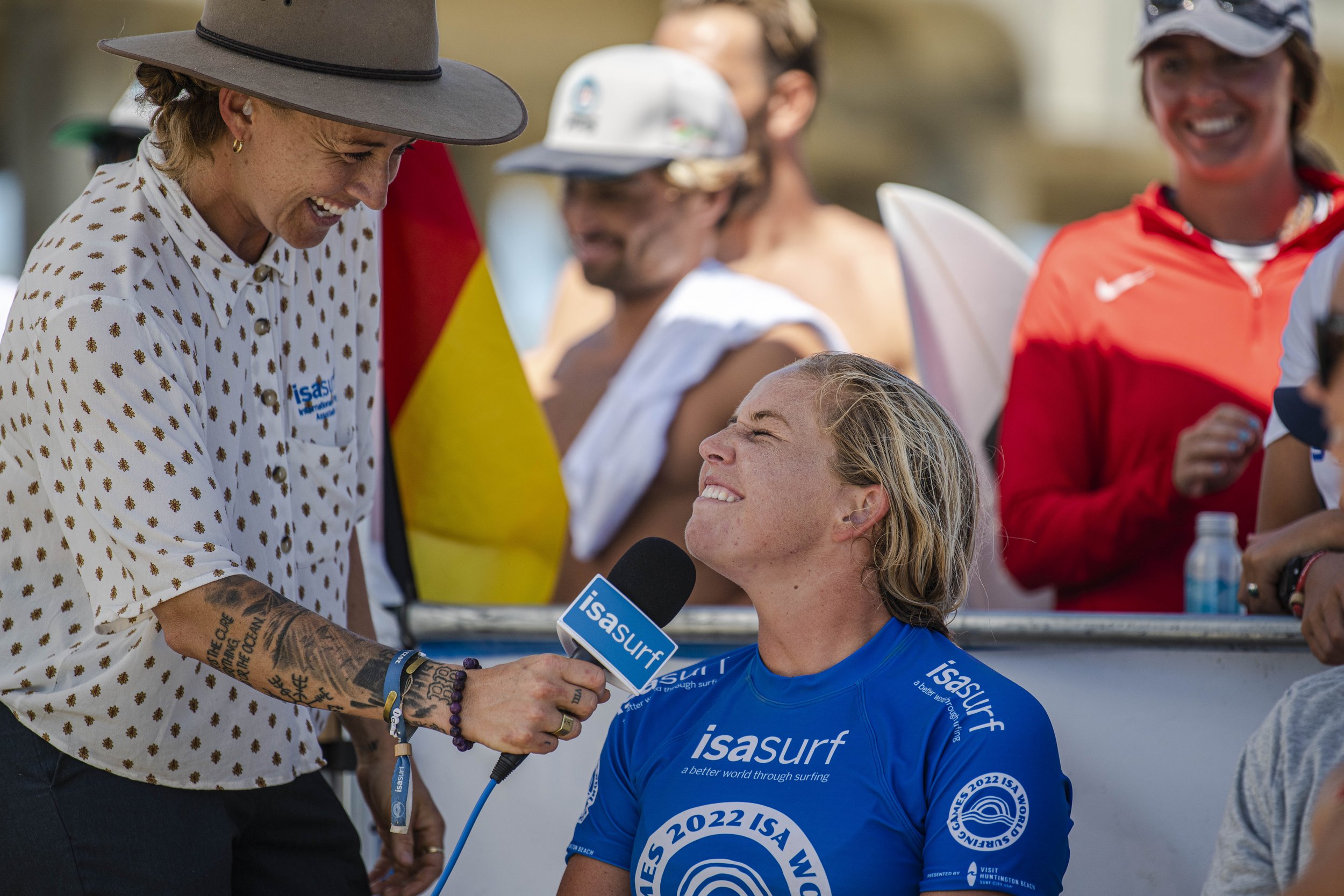  Gabriela Bryan makes a face when asked an embarrasing question in between heats at the ISA World Surfing Games. (Jon Putman | The Corsair) 