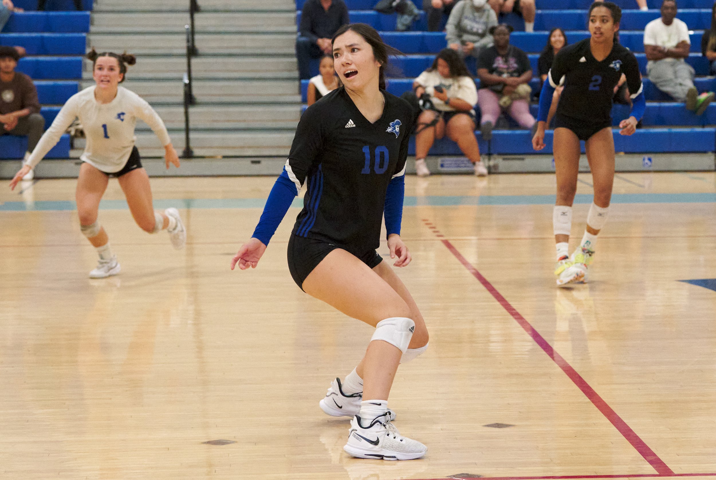  Santa Monica College Corsairs' Sophia Odle (center), Halle Anderson (left), and Amaya Bernardo (right) react to a missed ball during fifth set of the women's volleyball match against the Moorpark College Raiders on Friday, Sept. 23, 2022, at the Cor