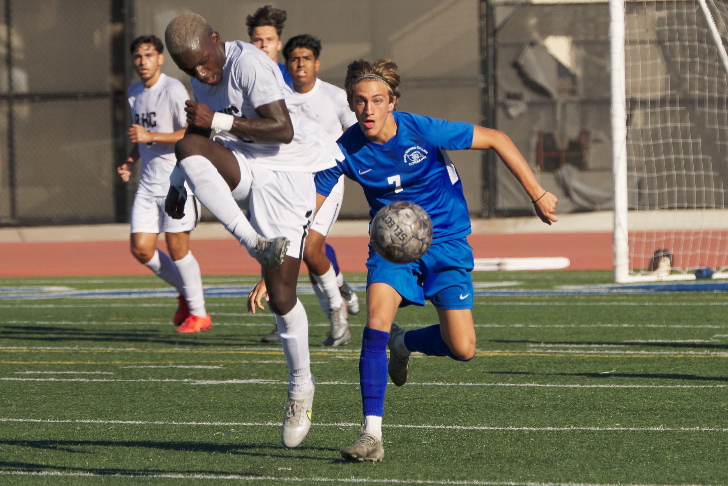  Santa Monica College Corsairs' Darren Lewis (right) and Rio Hondo College Roadrunners' Ebenezer Chinne (front) during the men's soccer match on Friday, Sept. 24, 2022, at Corsair Field in Santa Monica, Calif. The Corsairs won 2-1. (Nicholas McCall |