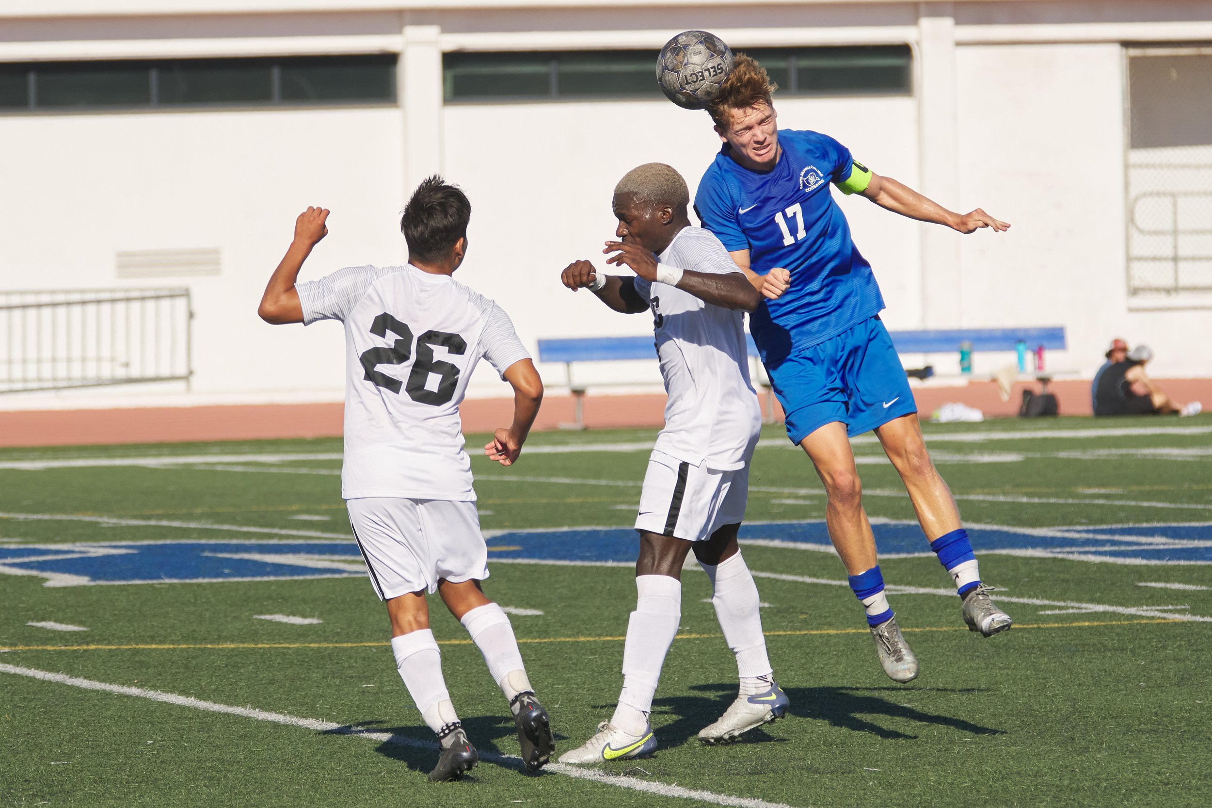  Santa Monica College Corsairs' Taj Winnard (right), and Rio Hondo College Roadrunners' Charlie Rosales (left) and Ebenezer Chinne (center) during the men's soccer match on Friday, Sept. 24, 2022, at Corsair Field in Santa Monica, Calif. The Corsairs