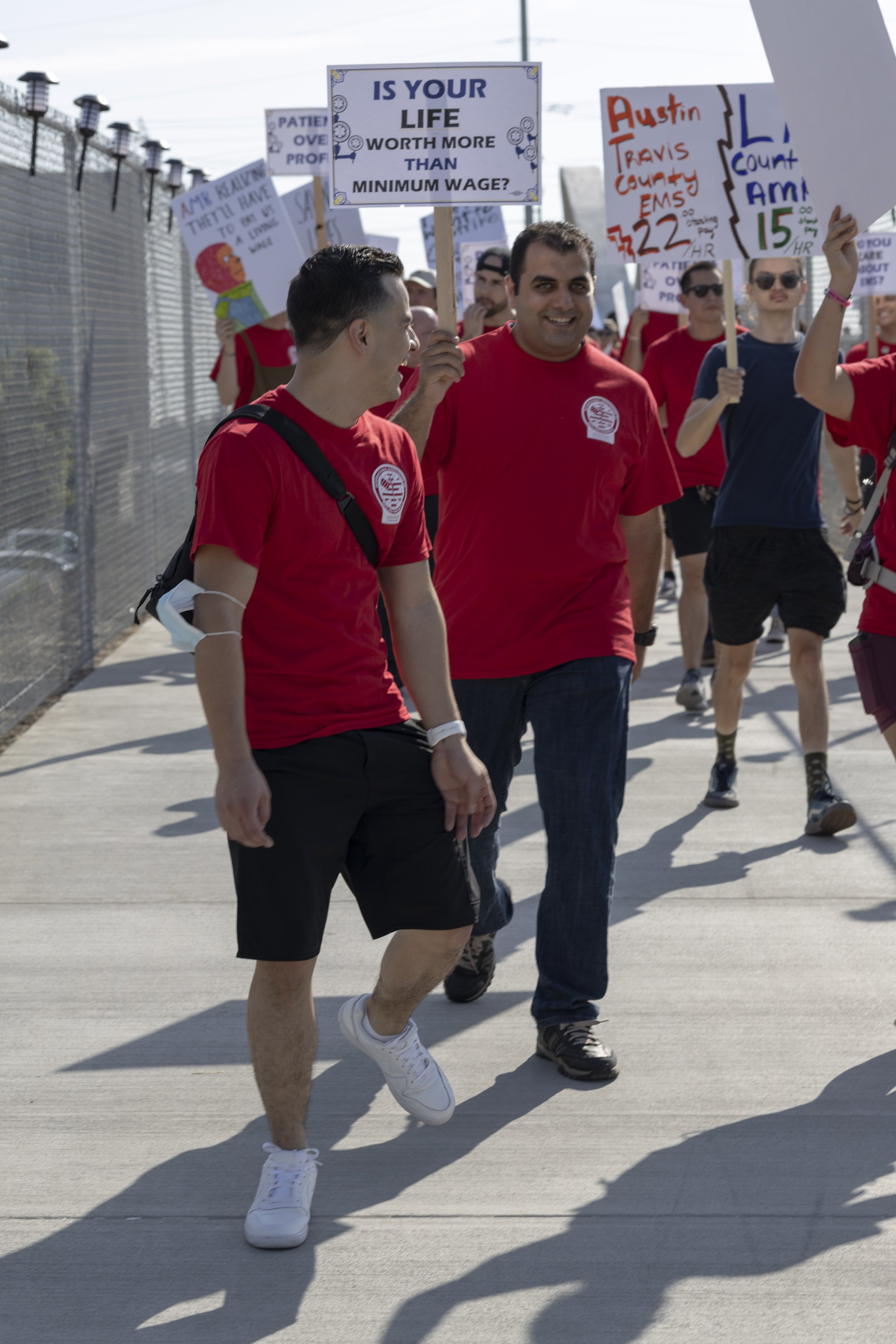  EMS workers from Los Angeles to the Antelope Valley marching in downtown Los Angeles for the march for fair wages. Their contract with the American Medical Response ended on January 1, 2022. They are still fighting for more than minimum wage, which 