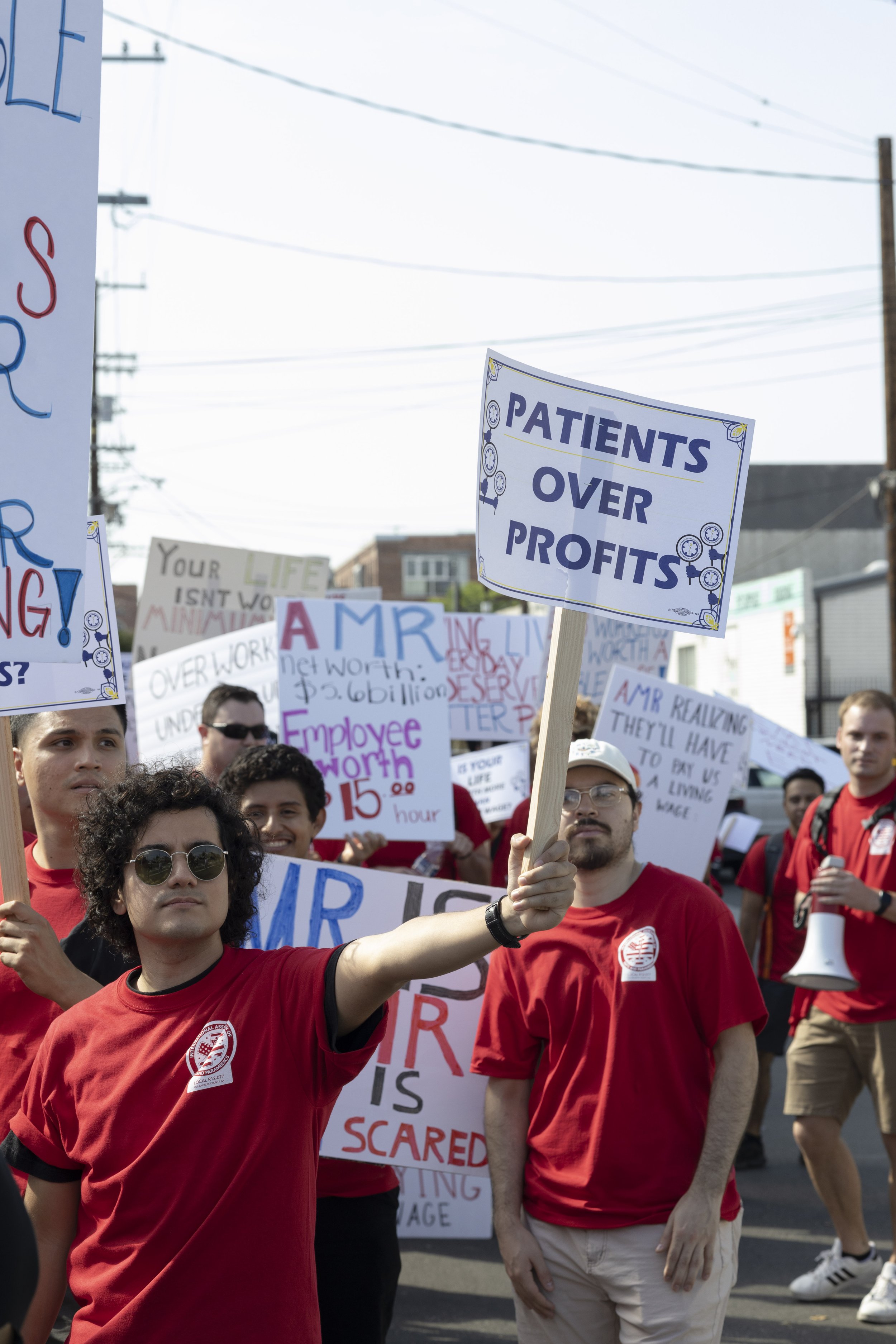  EMS workers from Los Angeles to the Antelope Valley marching in downtown Los Angeles for the march for fair wages. Their contract with the American Medical Response ended on January 1, 2022. They are still fighting for more than minimum wage, which 