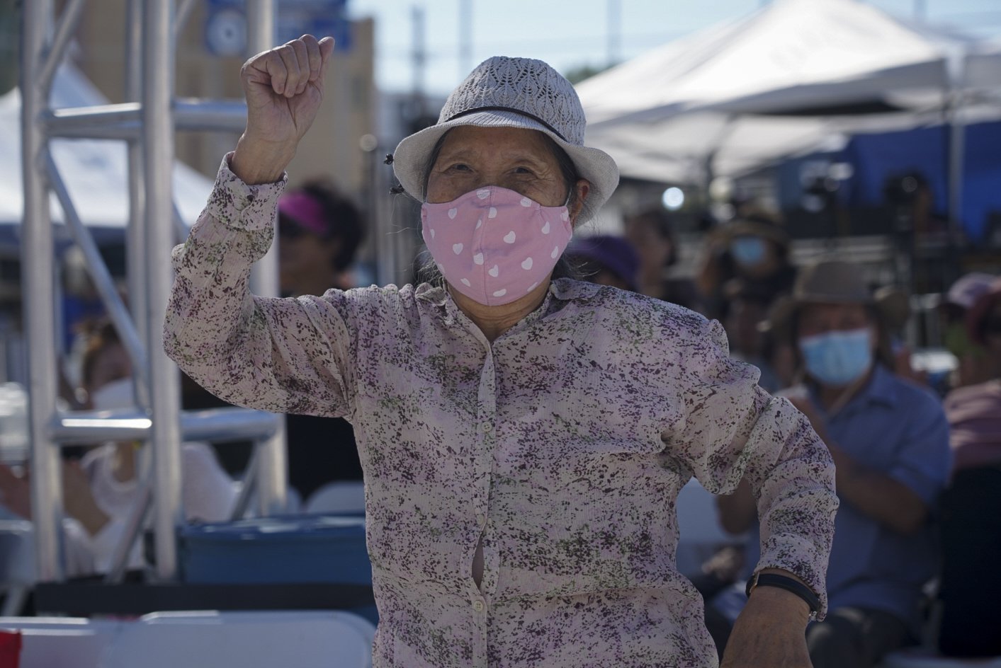  A festival attendee participates in a Get Up and Move class during the 49th annual Los Angeles Korean Festival Friday, September 23 2022 at the Seoul International Park. The Wallis Annenberg GenSpace offers the Get Up and Move class as well as a var