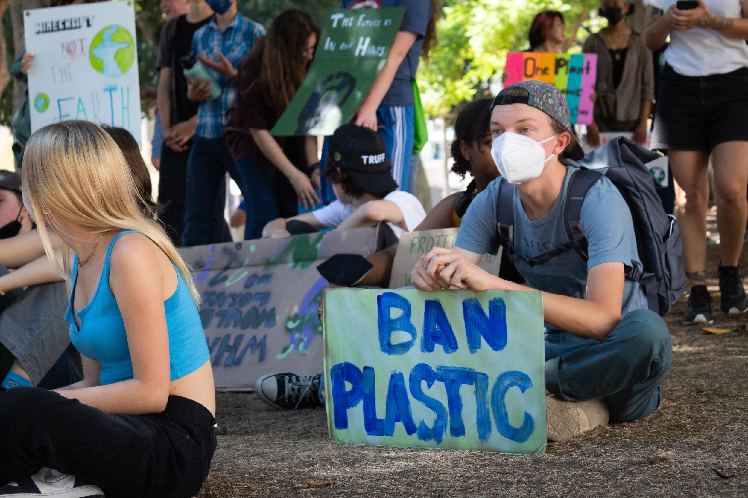 Odinn Thordarson, 17, at the Youth Climate Strike at the Los Angeles City Hall with a sign that says "ban plastic." Odinn is a senior at Sequoyah High School and came as part of the Social Invitation Program (SIT) through the school. Los Angeles Cit
