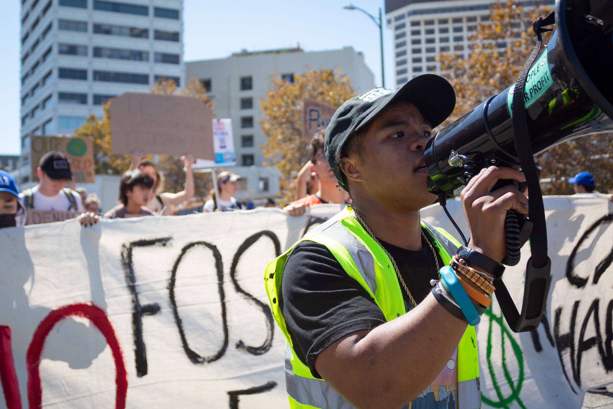  Sim Bilal leading the Youth Climate Strike down Los Angeles Street marching from Los Angeles City Hall. Sim is the main organizor and director for the Youth Climate Strike in Los Angeles, Calif. on Sept. 23, 2022. (Caylo Seals | The Corsair) 