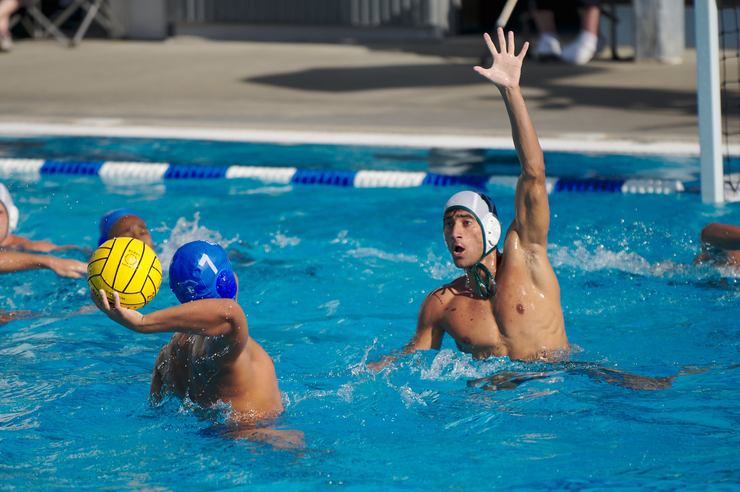  Santa Monica College Corsairs' Kristian Miranda and Los Angeles Valley College Monarchs' Sahak Abrahamyan during the men's water polo match on Wednesday, Sept. 28, 2022, at the SMC Aquatics Center in Santa Monica, Calif. The Corsairs lost 23-4. (Nic