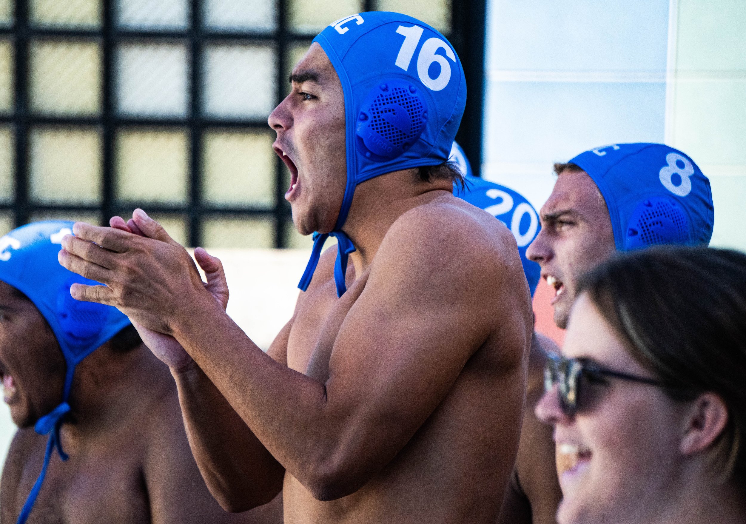  Santa Monica College Corsair Men's Water Polo  Driver, Hiro Inoki cheers for his team mates from the sidelines during their match against the LA Valley Monarchs on Sept. 28, 2022. The Corsairs lost to The Monarchs 23-4. Santa Monica, Calif. (Ee Lin 