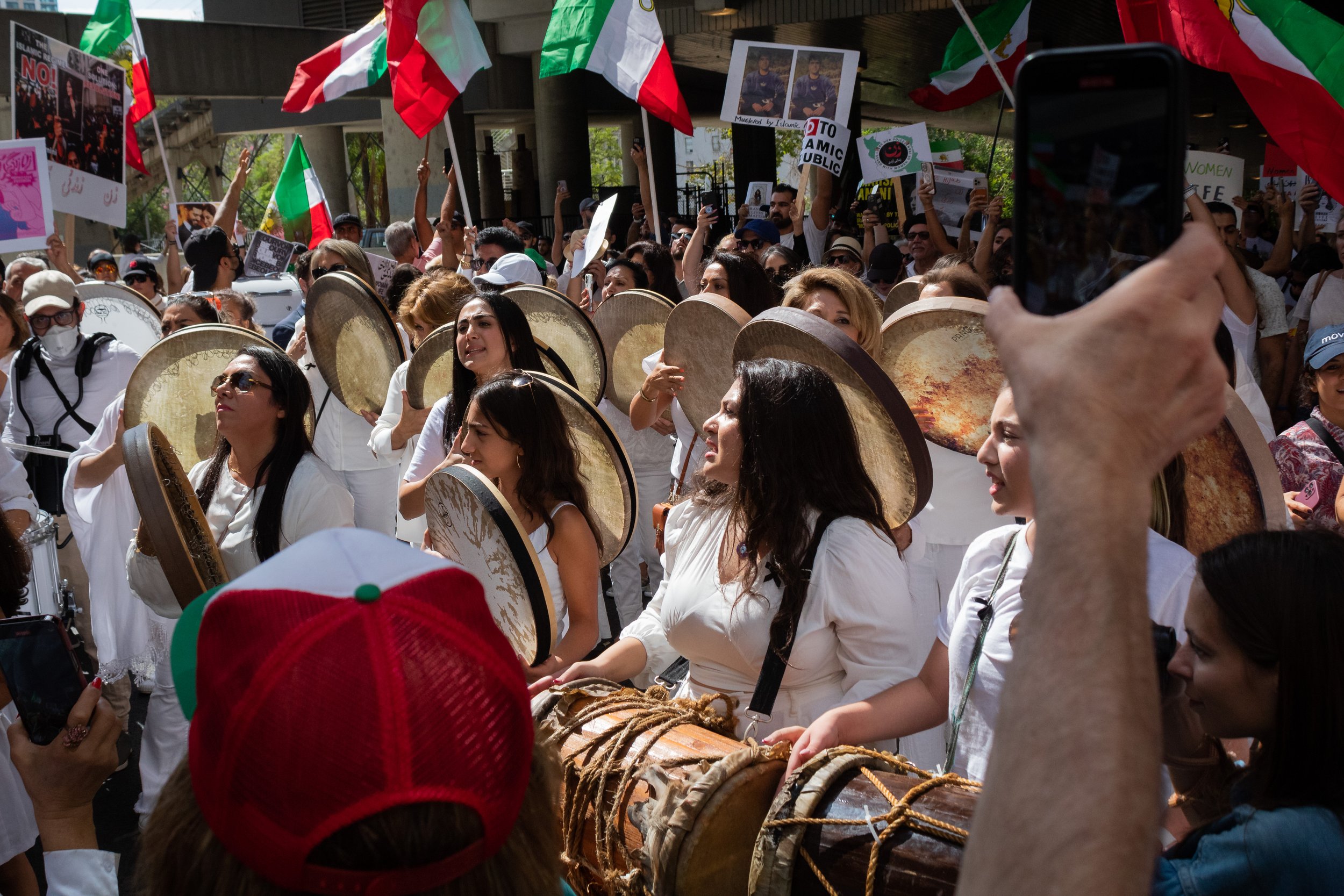  Musicians playing music during the Freedom For Iran rally as they marched down Olive St from Pershing Square to Los Angeles City Hall. The rally marched from Pershing Square to Los Angeles City Hall with at least a thousand people in attendance as w