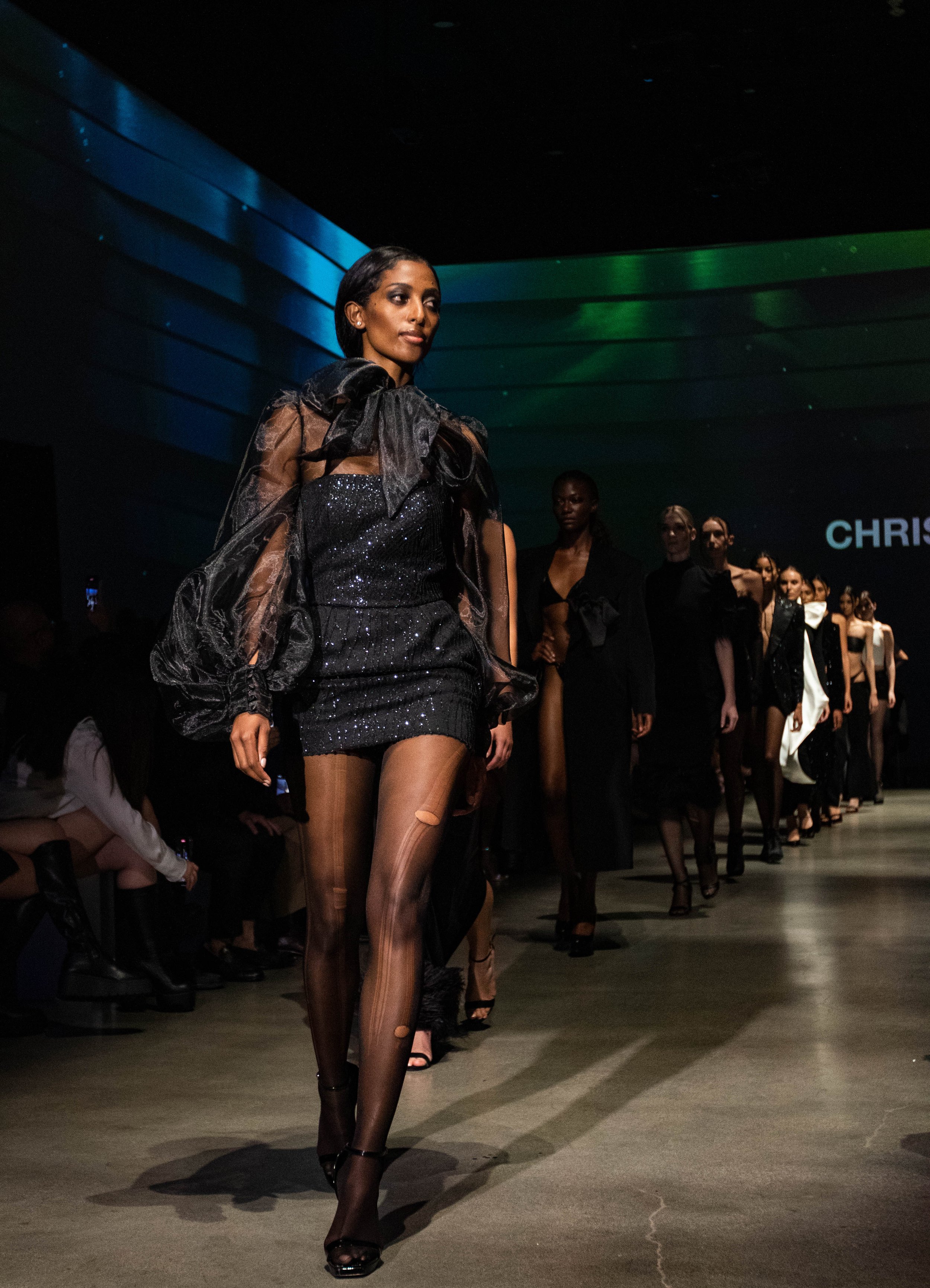  Models close the show for designer Chris Nick at the Los Angeles Fashion Week on Oct. 7, 2022. Nick's Spring/Summer 2023 Collection is inspired by 90's minimalism and grunge. Los Angeles, CA. (Ee Lin Tsen | The Corsair) 