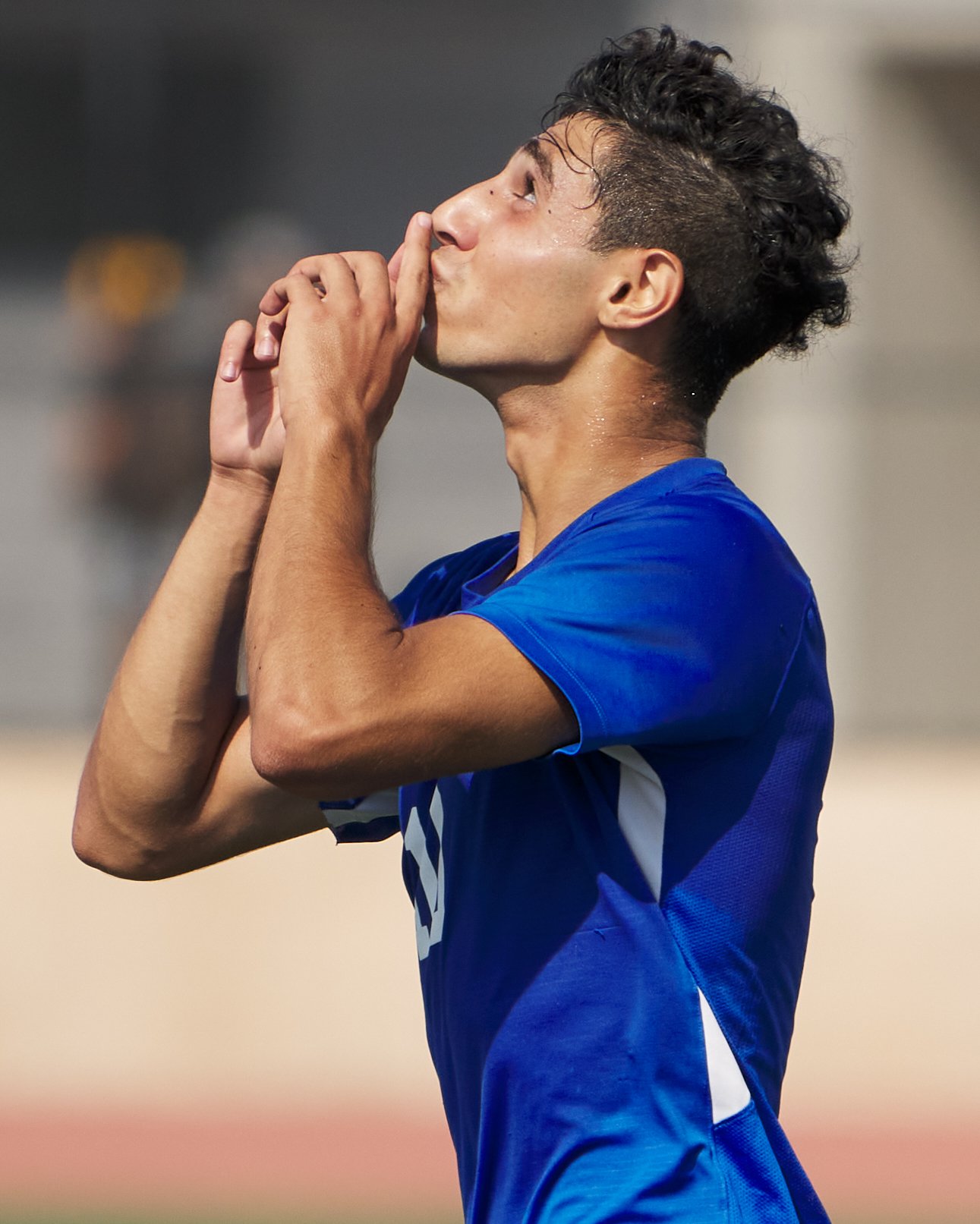  Santa Monica College Corsairs' Roey Kivity sends a kiss to the sky after scoring a goal during the men's soccer match against the Santa Barbara City College Vaqueros on Tuesday, October 11, 2022, at Corsair Field in Santa Monica, Calif. The Corsairs
