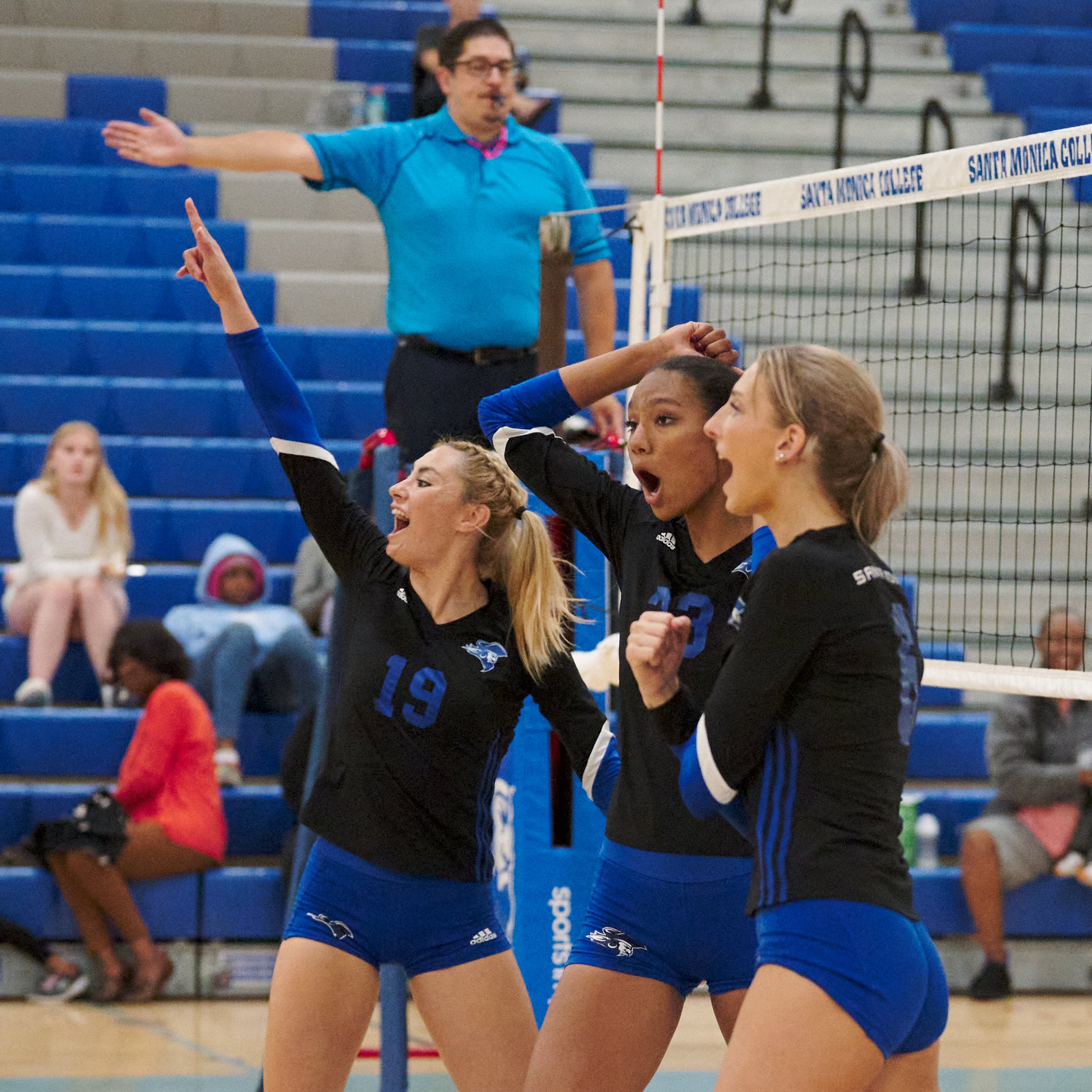  Santa Monica College Corsairs' Scheala Nielsen, Rain Martinez, and Sophia Lawrance celebrate after scoring a point during the women's volleyball match against the Antelope Valley College Marauders on Wednesday, Oct. 12, 2022, at the Corsair Gym in S