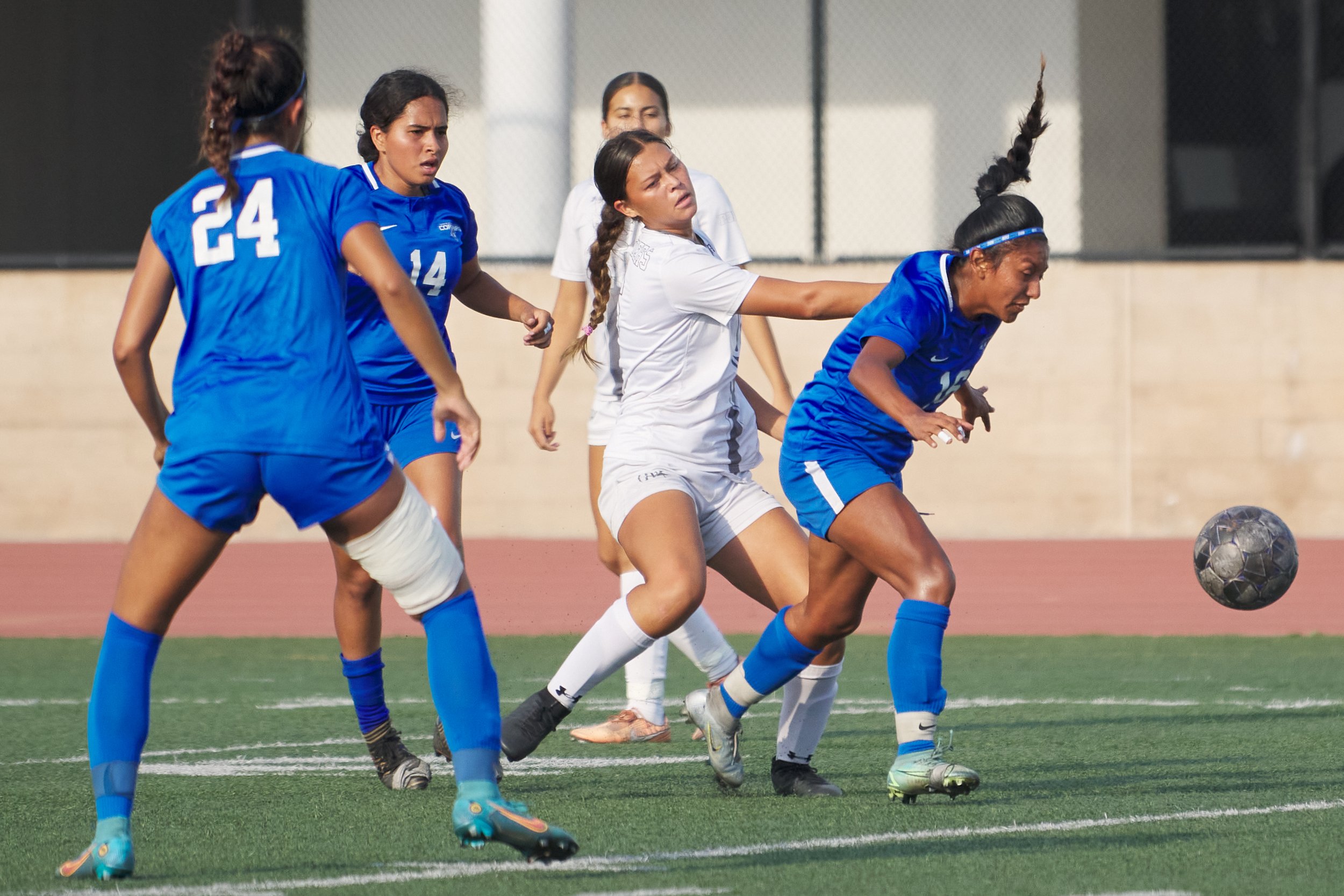  Antelope Valley College Marauders' Emily Serrano (center) shoves Santa Monica College Corsairs' Diana Gaspar (right) during the women's soccer match on Tuesday, Oct. 11, 2022, at Corsair Field in Santa Monica, Calif. The Corsairs lost 6-0. (Nicholas