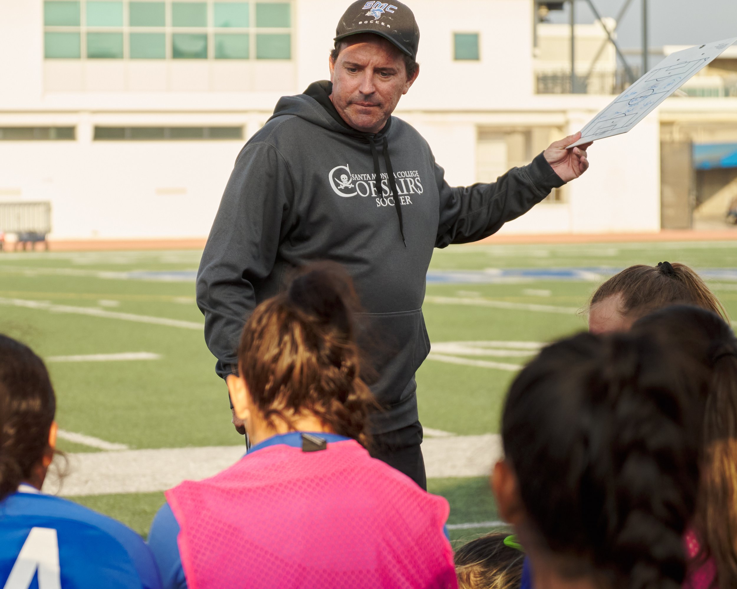  Santa Monica College Corsairs Women's Soccer Head Coach Aaron Benditson talks to the team during the women's soccer match against the Antelope Valley Marauders on Tuesday, Oct. 11, 2022, at Corsair Field in Santa Monica, Calif. The Corsairs lost 6-0