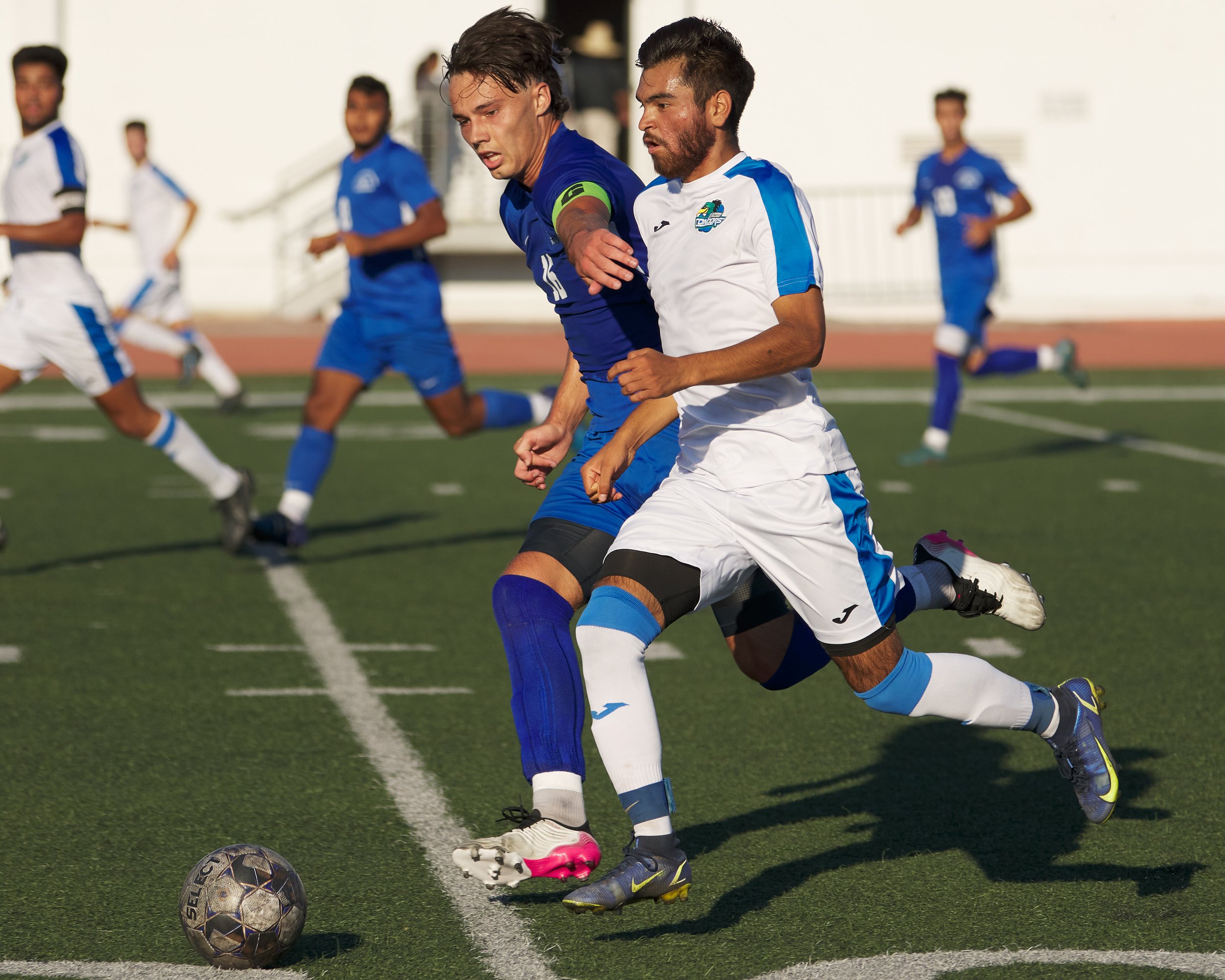  Santa Monica College Corsairs' Kyler Sorber attempts to steal the ball from Oxnard College Condors' Jose Ortiz during the men's soccer match on Tuesday, Oct. 18, 2022, at Corsair Field in Santa Monica, Calif. The Corsairs lost 0-3. (Nicholas McCall 