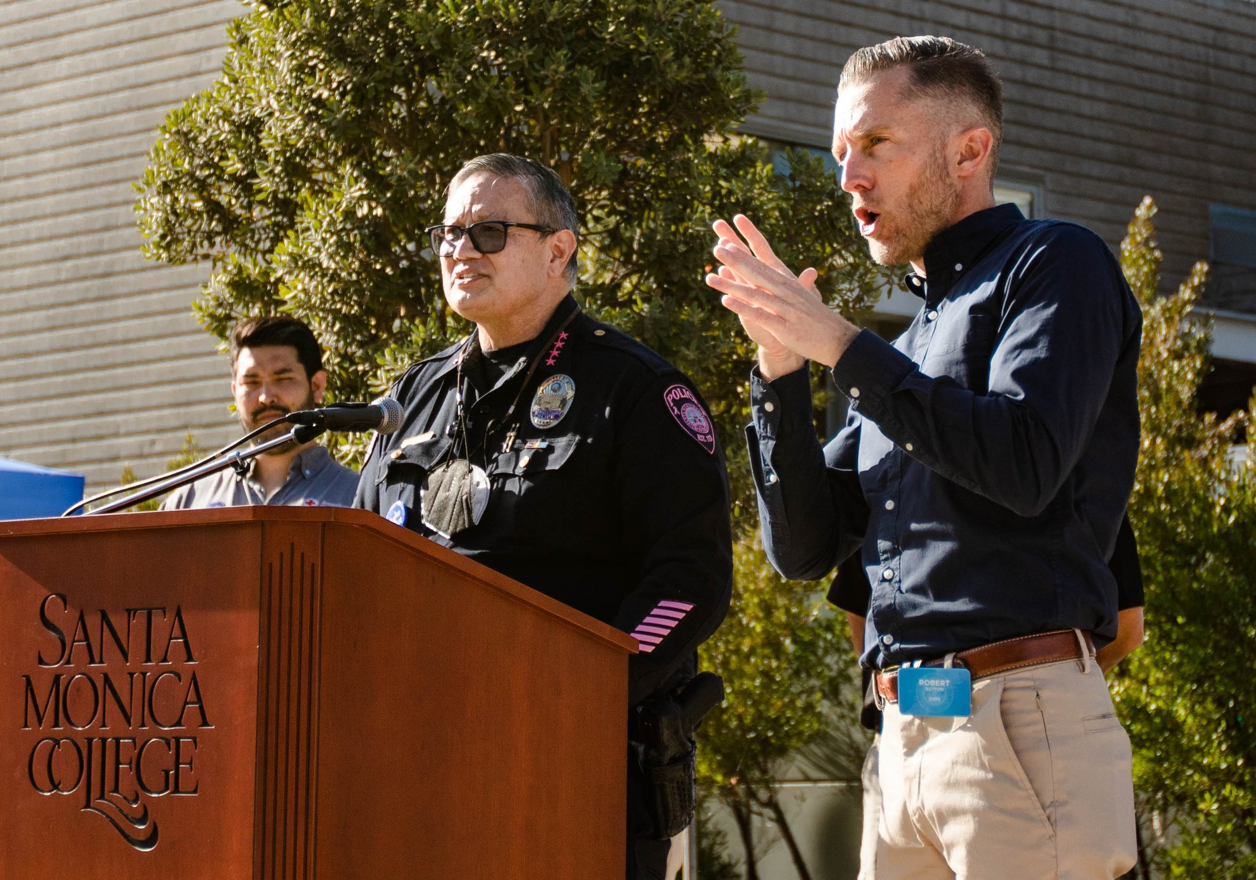  Chief Johnnie Adams, Santa Monica College (SMC) Police Chief speaks about the importance of practicing earthquake safety on Oct 20 for the 2022 Great ShakeOut SoCal Earthquake Drill and Media Event hosted by the college as ASL intepreter Robert Sutt
